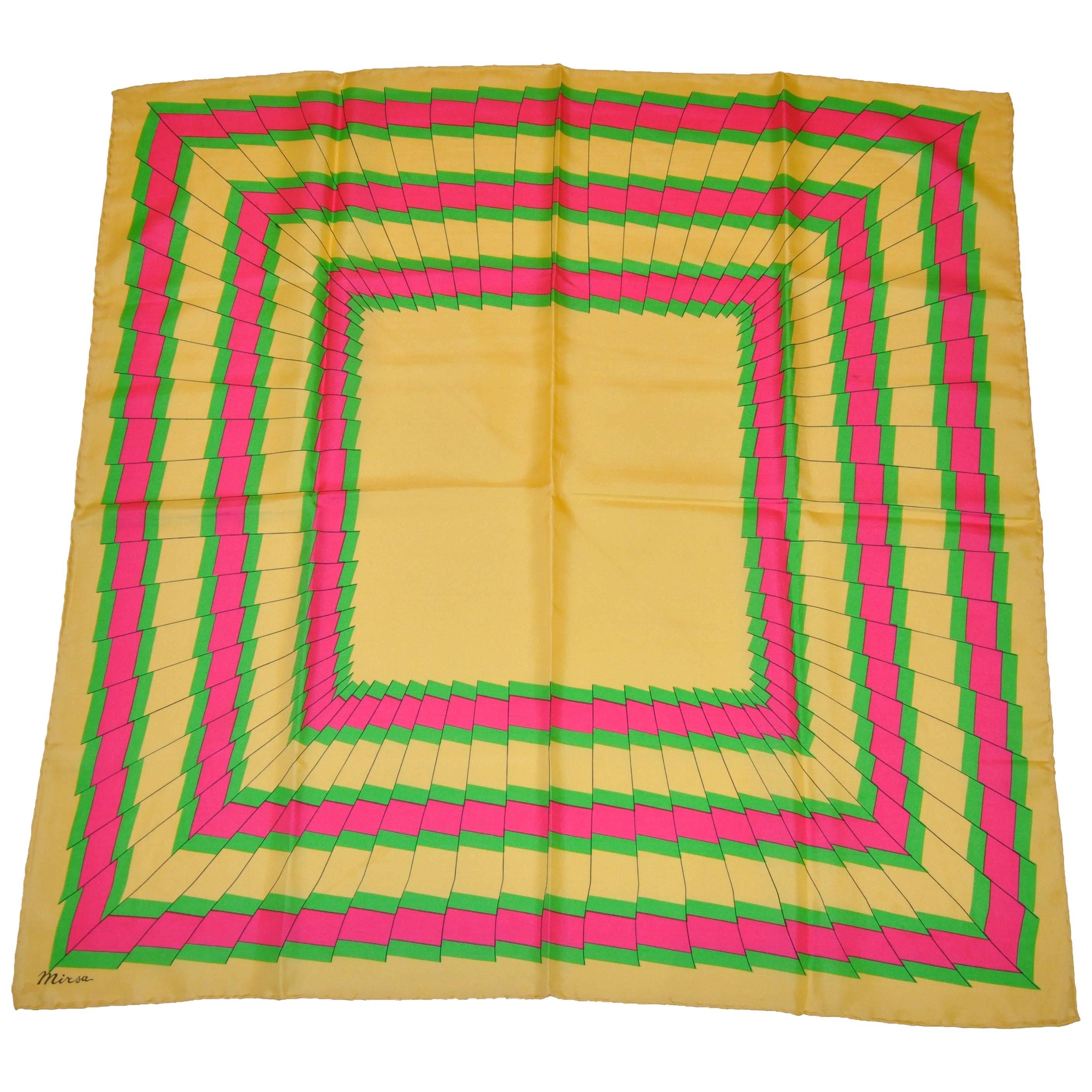 Mirsa Colorful Fuchsia & Neon Green with Yellow "Pleated Frame" Silk Scarf For Sale