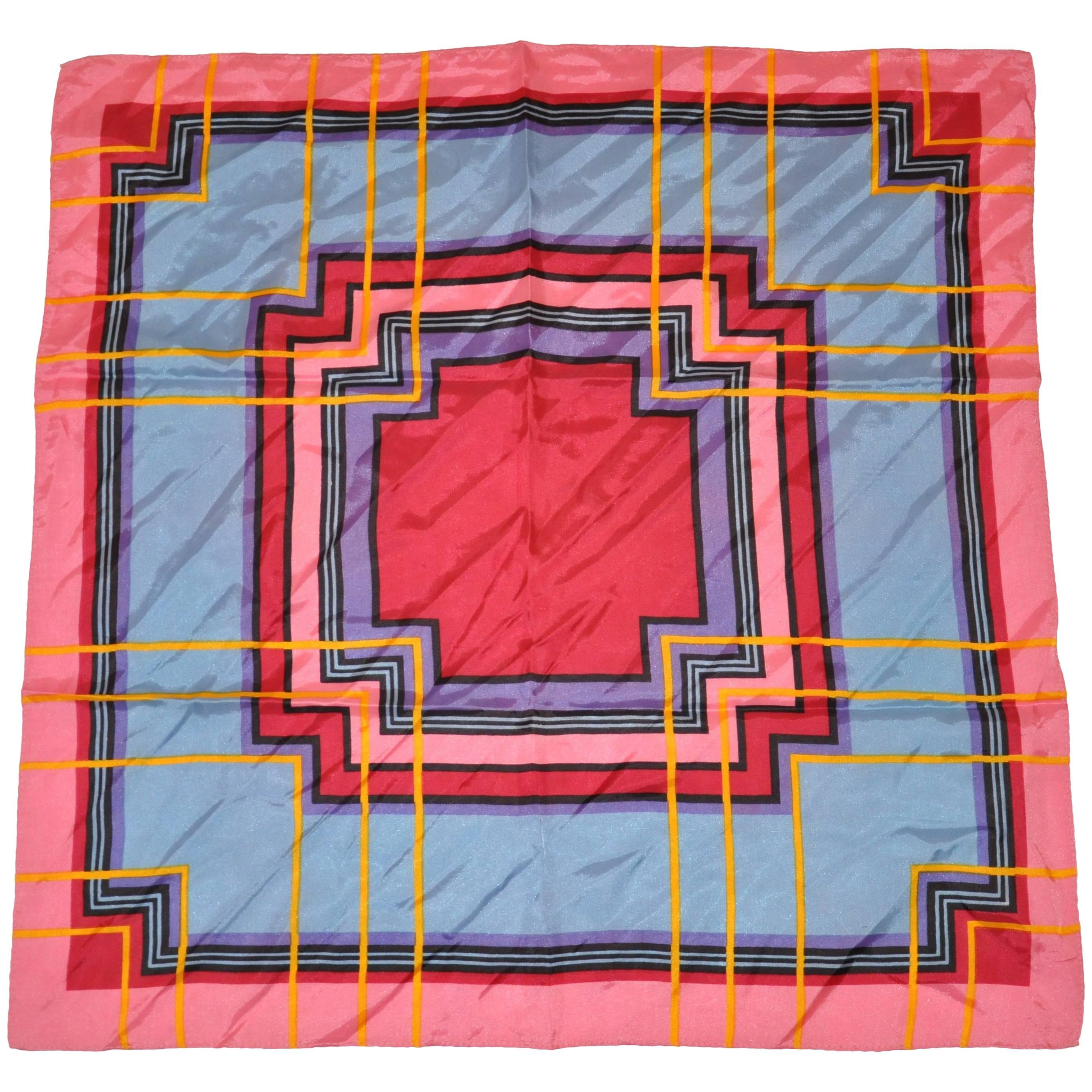 Bold Multi-Color Abstract with Wide Pink Border Scarf For Sale