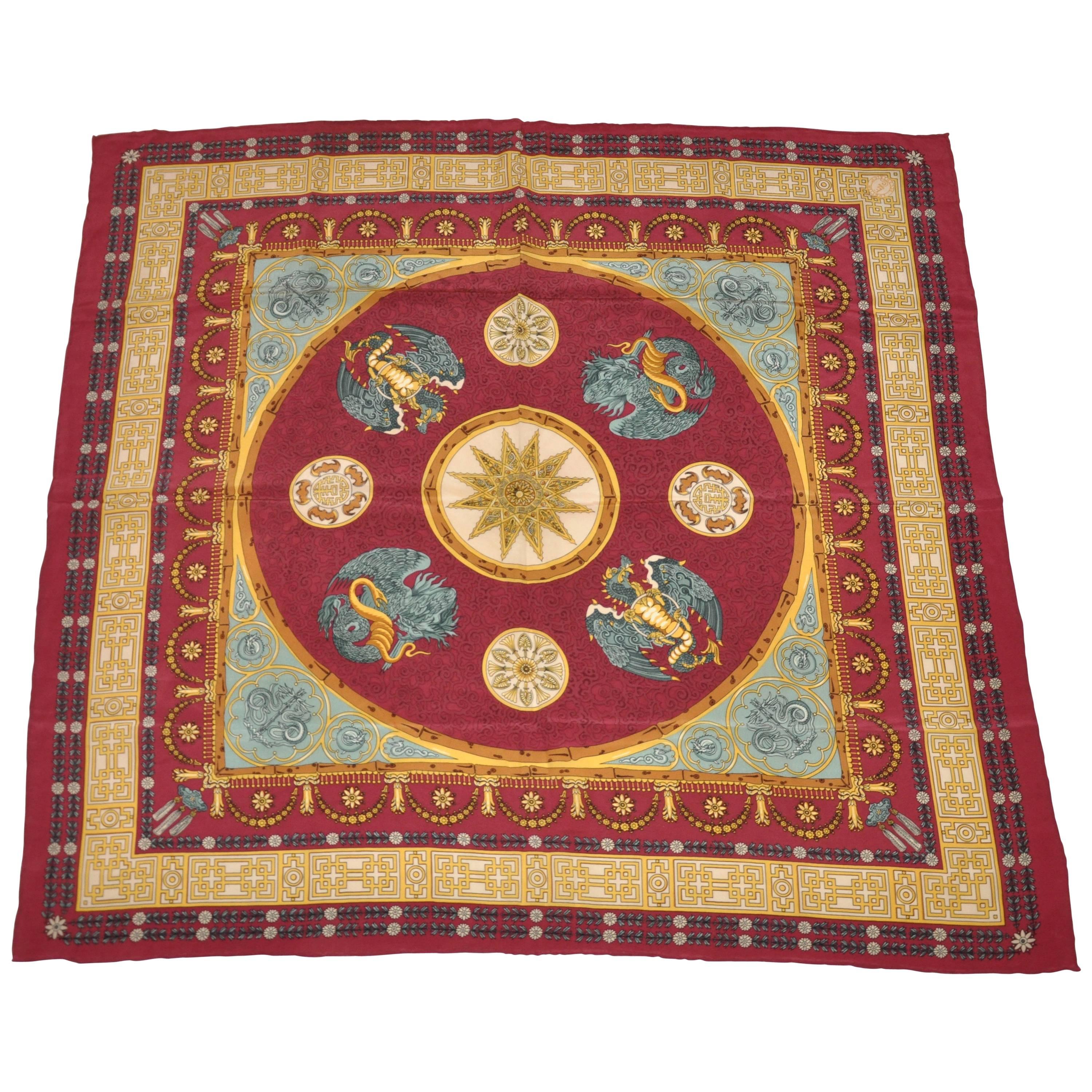 Multicolored Silk Crepe di Chine ""Mystical Creatures" Scarf For Sale