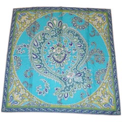 Vintage Multiple Shades of Turquoise Paisley Surrounding Huge Paisley Center Silk Scarf