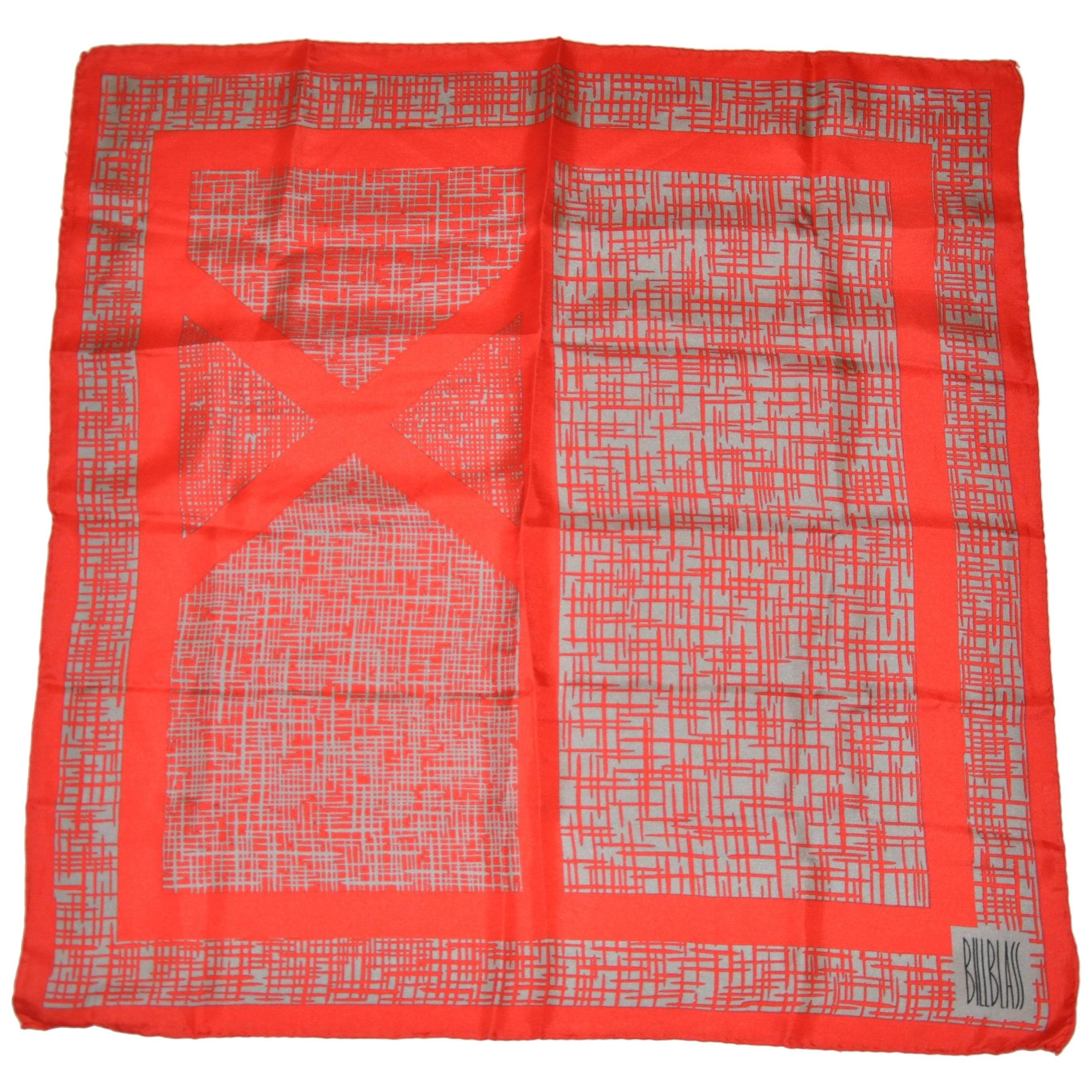 Bill Blass Bold and Vivid Red with Steel Gray Silk Scarf For Sale