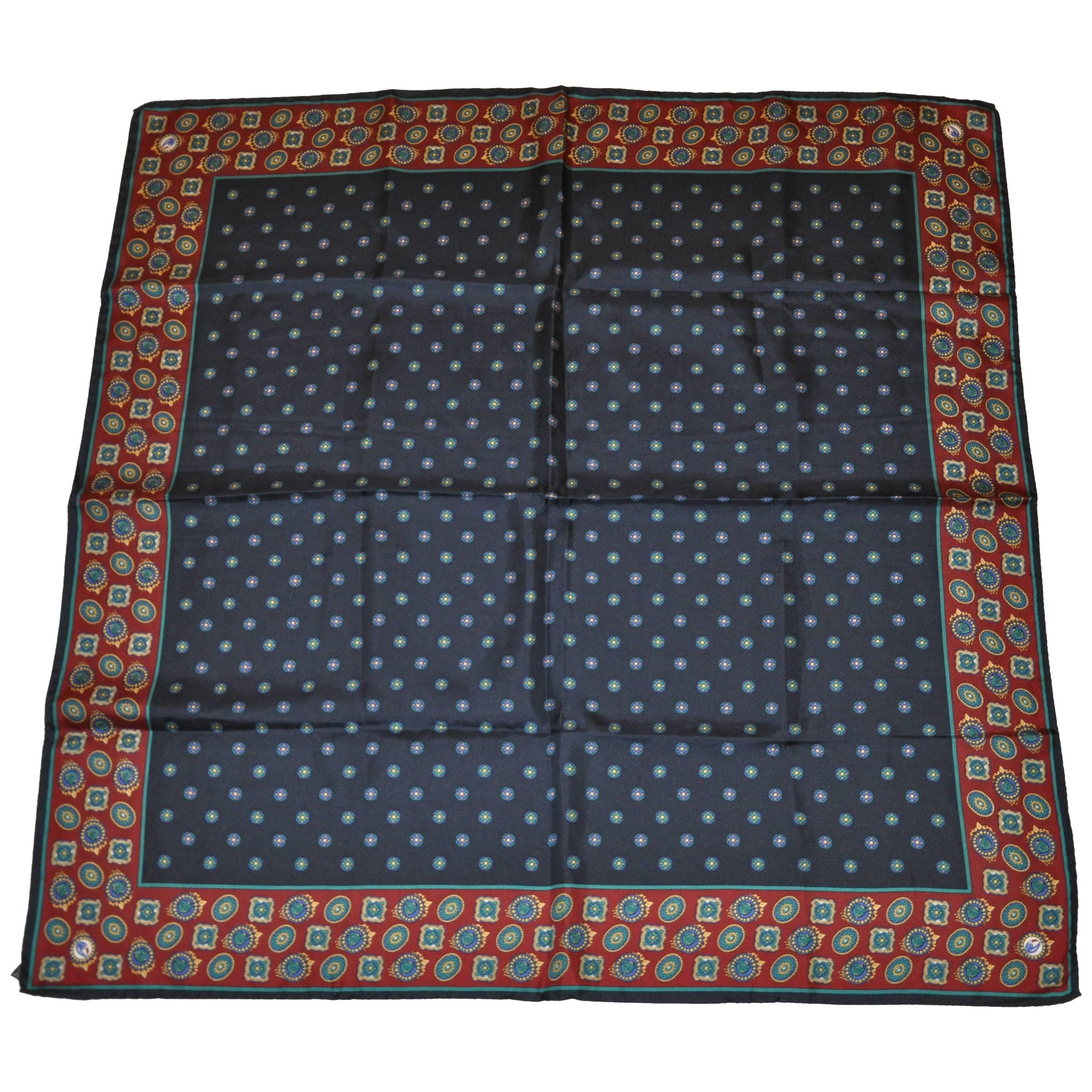 Deep Navy and Burgundy Multiple Pattern Silk Scarf with Hand-Rolled Edges