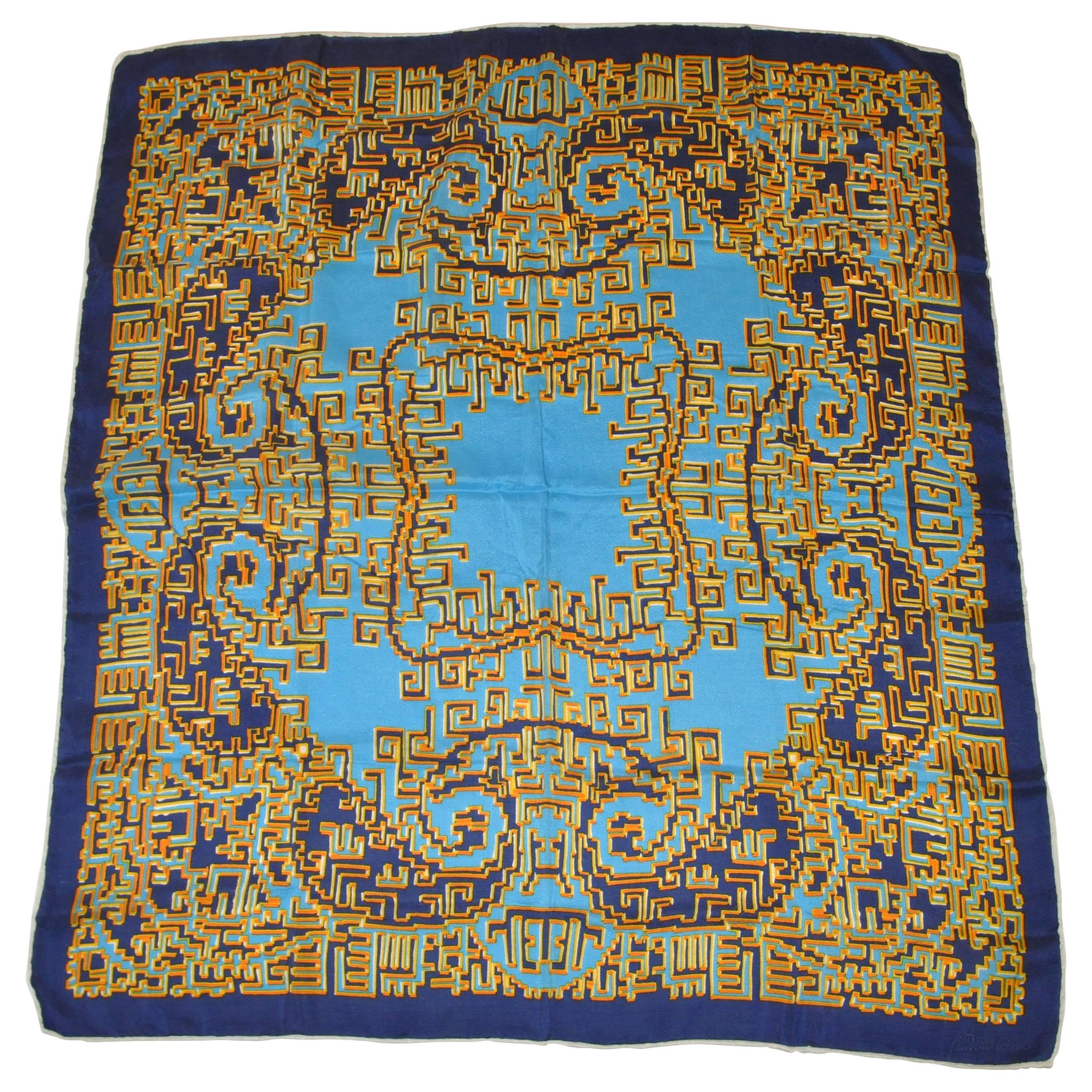 Patricia Duval Multiple Shades of Blue Tangerine and Yellow Silk Crepe Scarf