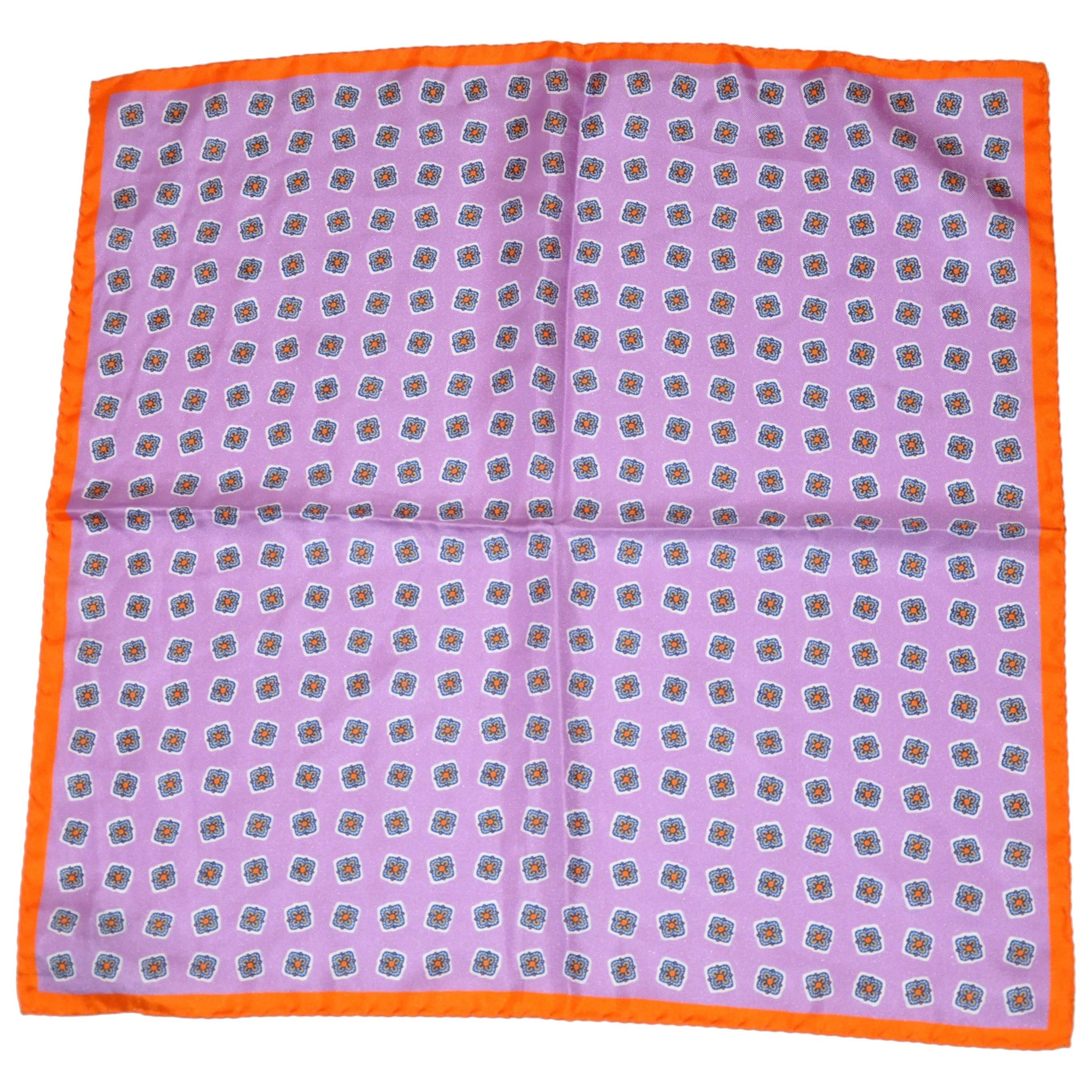 Hickey Freeman Lavender Silk Scarf with Tangerine Border and Floral Print   For Sale