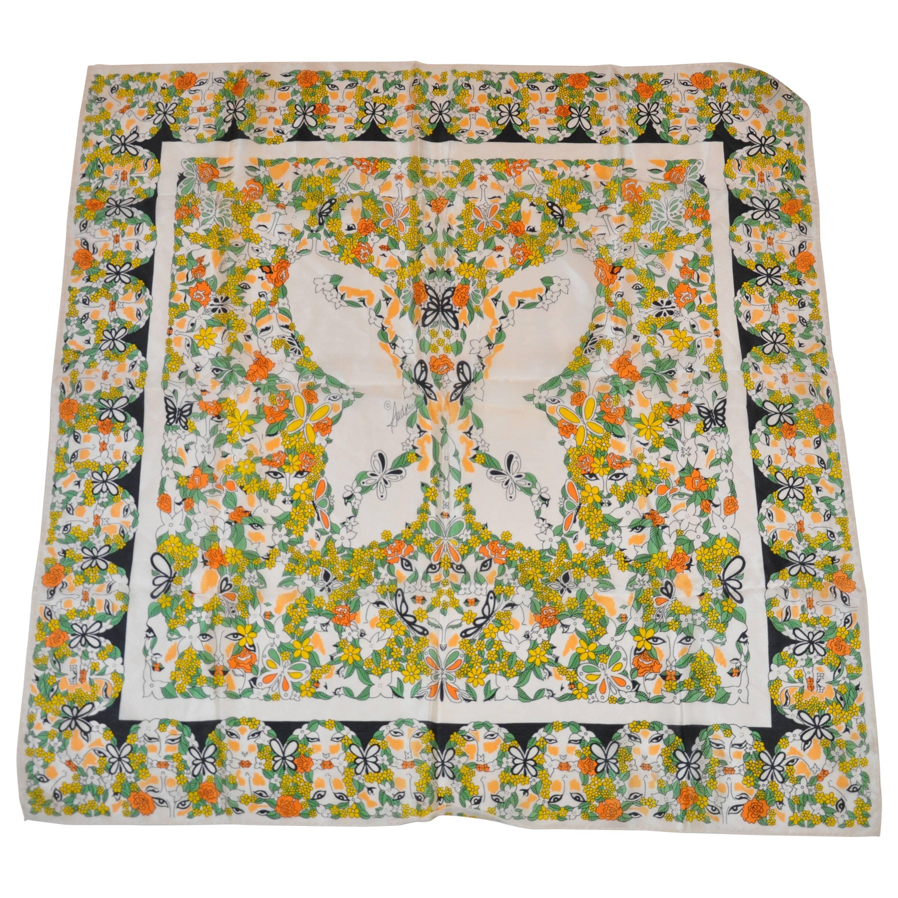 Multi-Color "Ladies Profiles Surrounding Butterfly" Silk Scarf For Sale