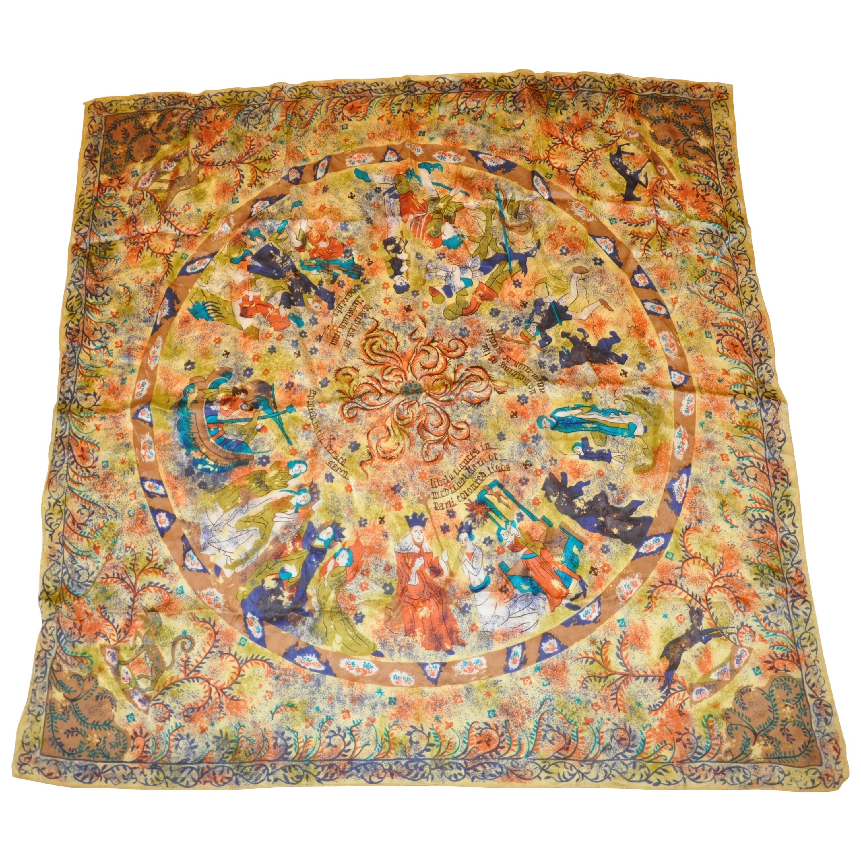 Multi-Color Large Silk "Medieval Characters" Scarf For Sale