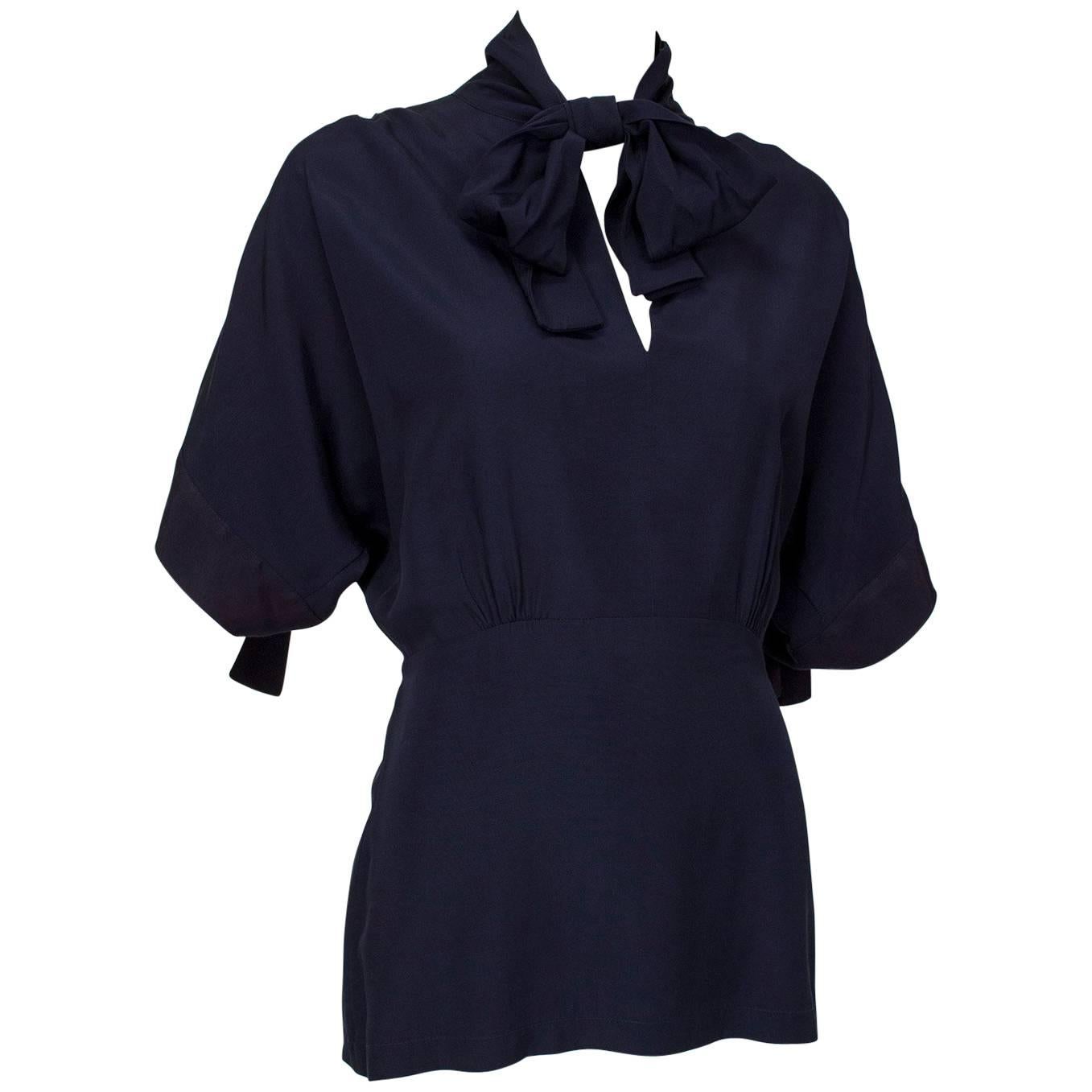 Norma Kamali Navy Peplum Blouse with Keyhole Pussy Bow, 1980s