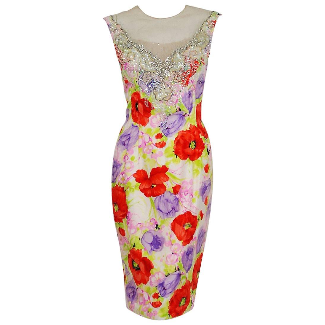 1950's Mr. Blackwell Colorful Floral Print Silk Beaded Illusion Cocktail Dress 