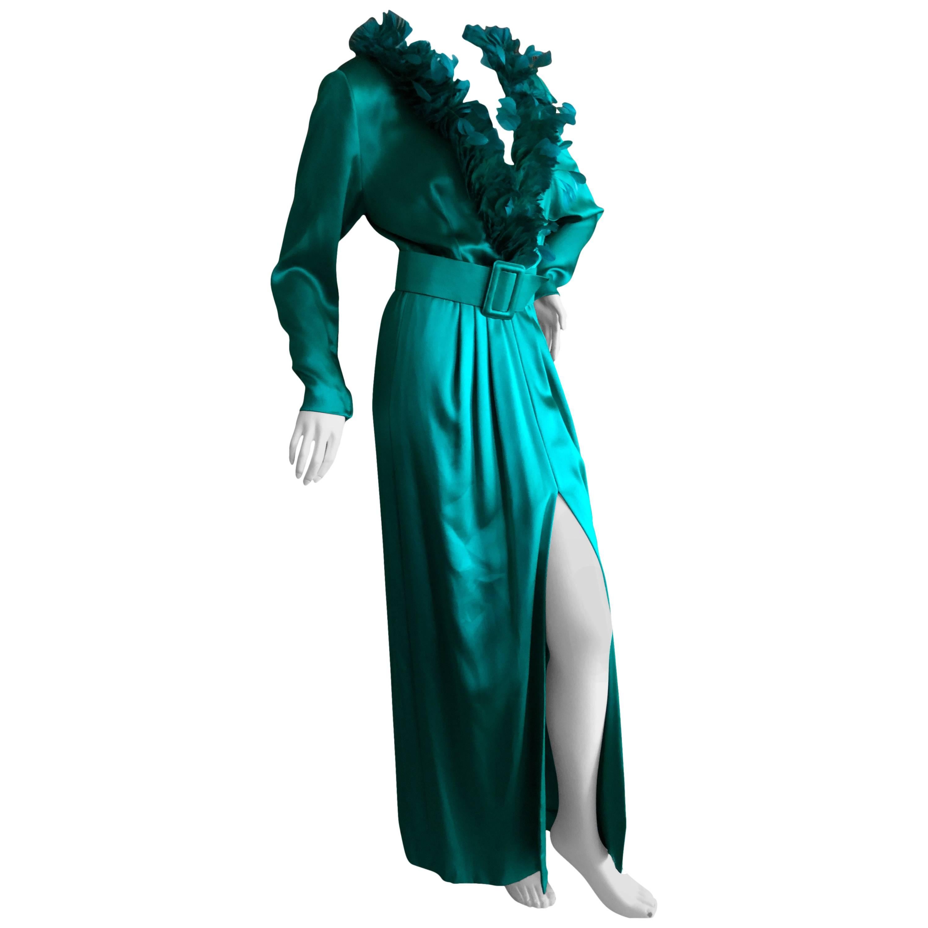 Hubert de Givenchy '70's Emerald Green Silk Evening Dress Maison Lemaire Feather