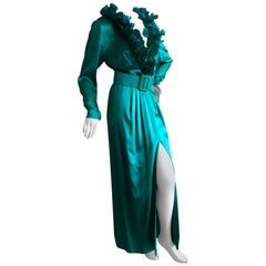 Vintage Hubert de Givenchy '70's Emerald Green Silk Evening Dress Maison Lemaire Feather