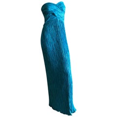 Mary McFadden for Martha 1970's Turquoise Plisse Pleated Strapless Evening Dress