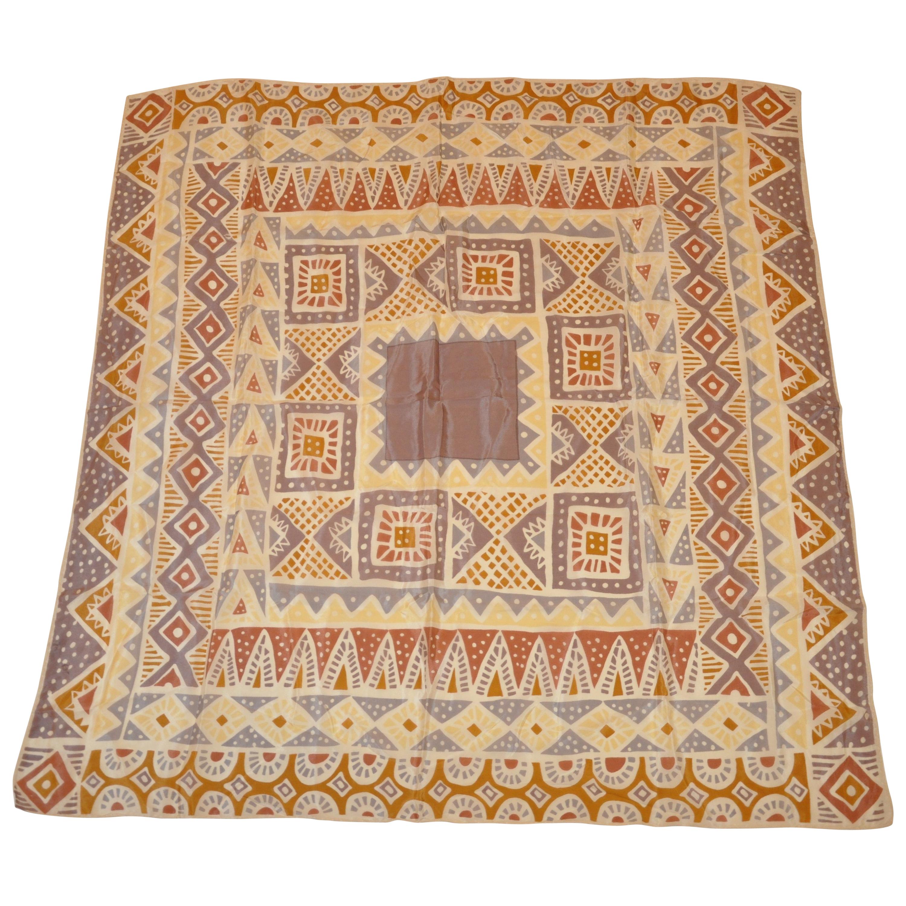 Shades of Beiges and Taupe "Tribal Print" Silk Scarf For Sale