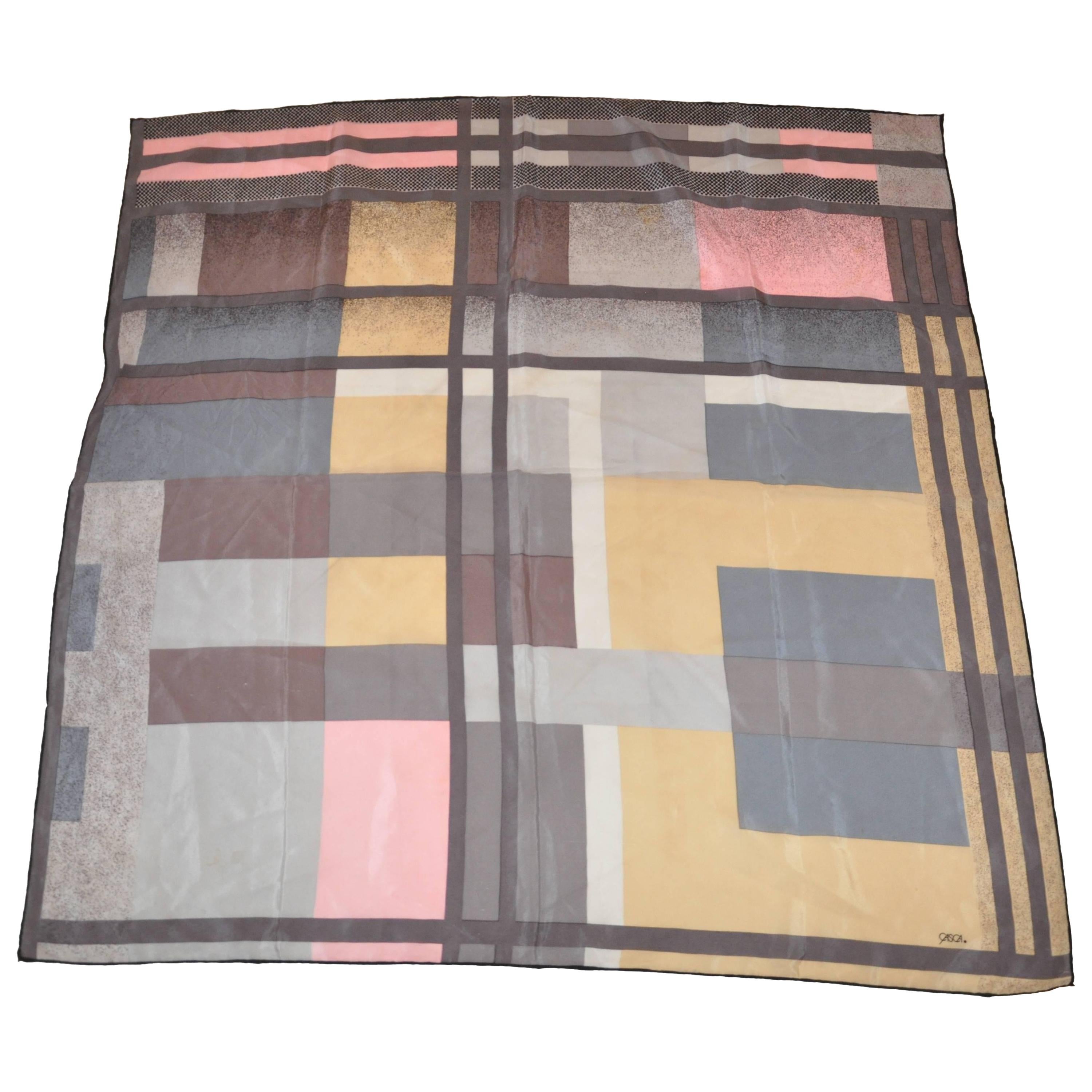 Casca "Shades of Gray, Tan & Pink" Abstract Color Block Silk Scarf For Sale