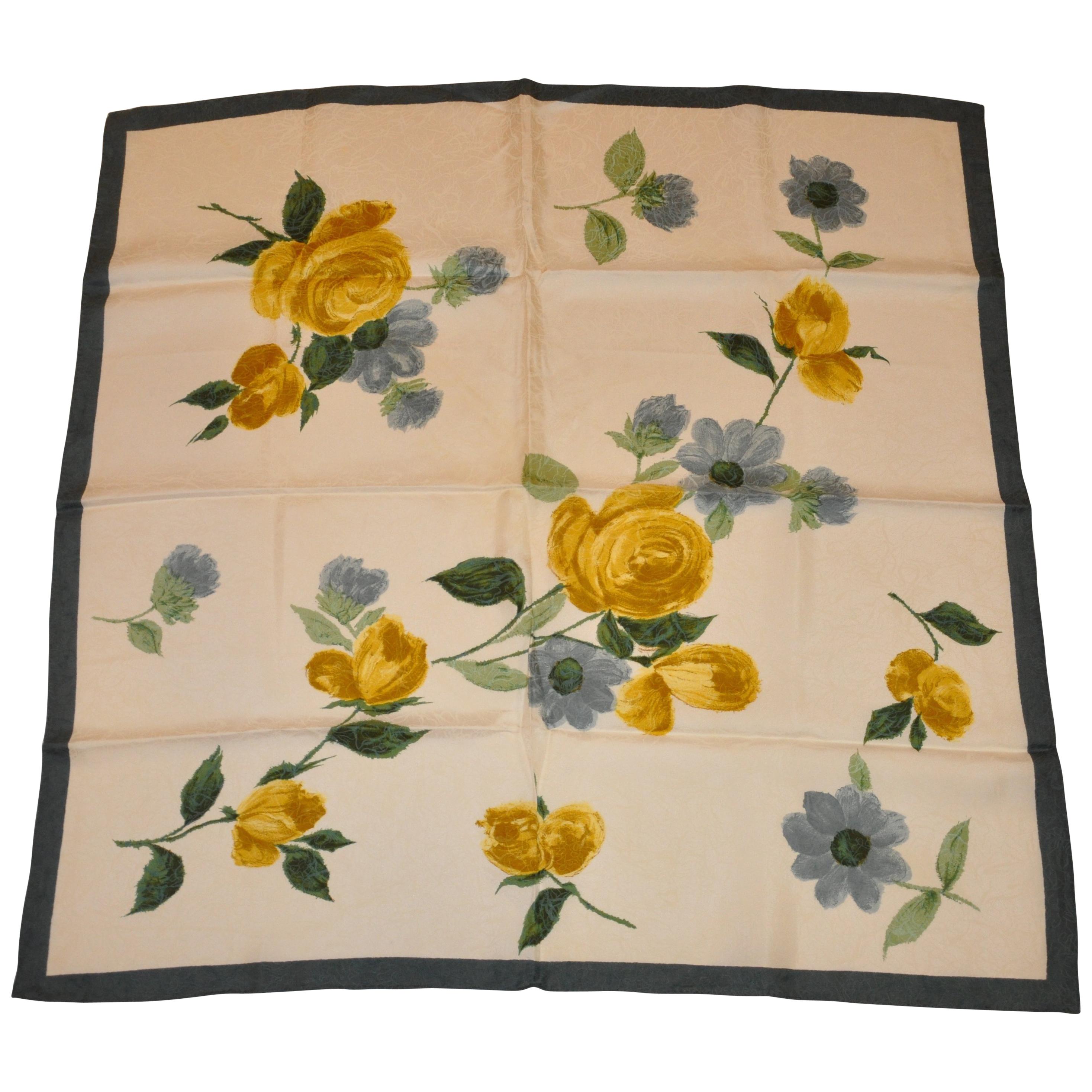 Forest Green & Crackle Border "Olive & Yellow Roses" Silk Scarf For Sale