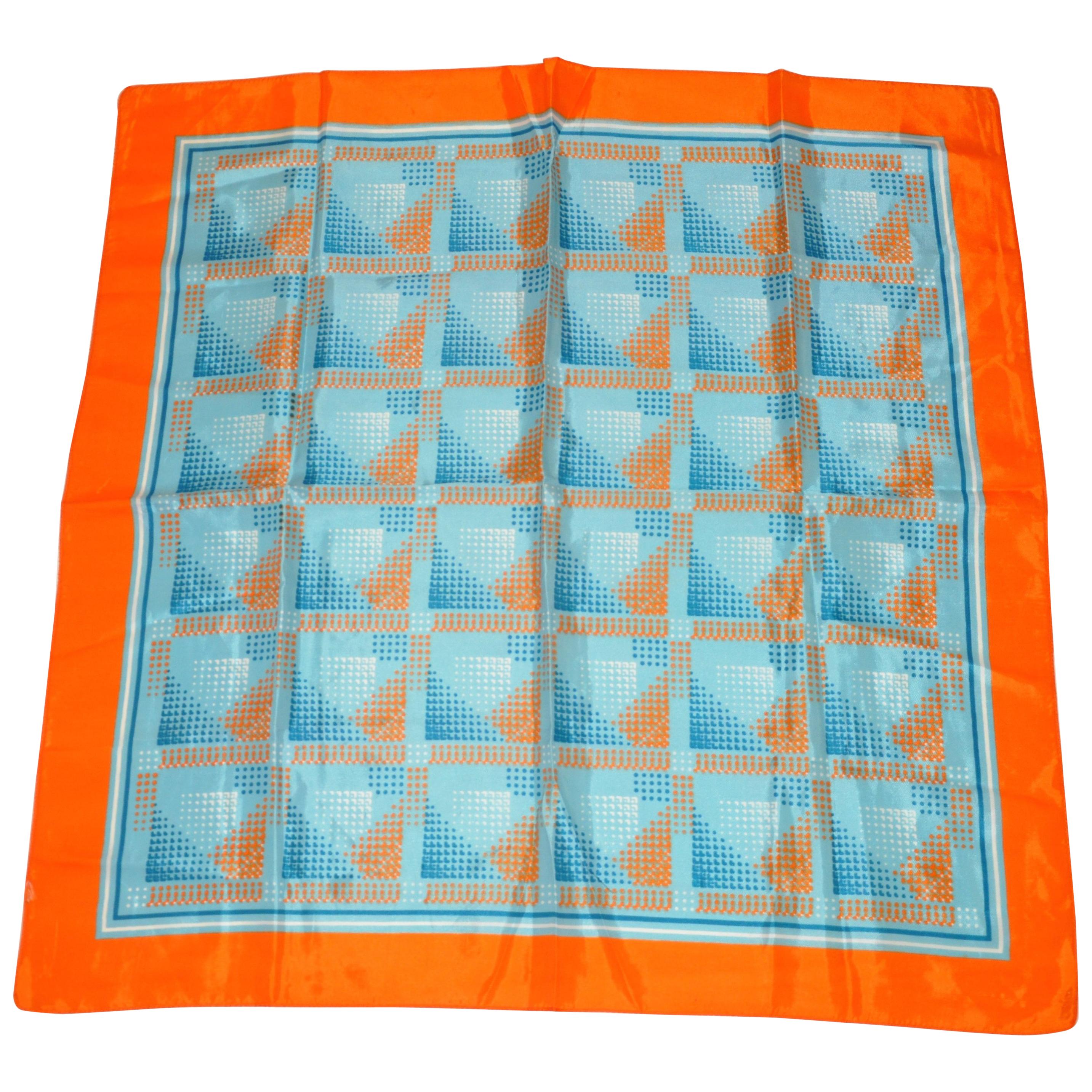 Bold Tangerine Border with Shades of Blues & Orange Abstract Scarf For Sale