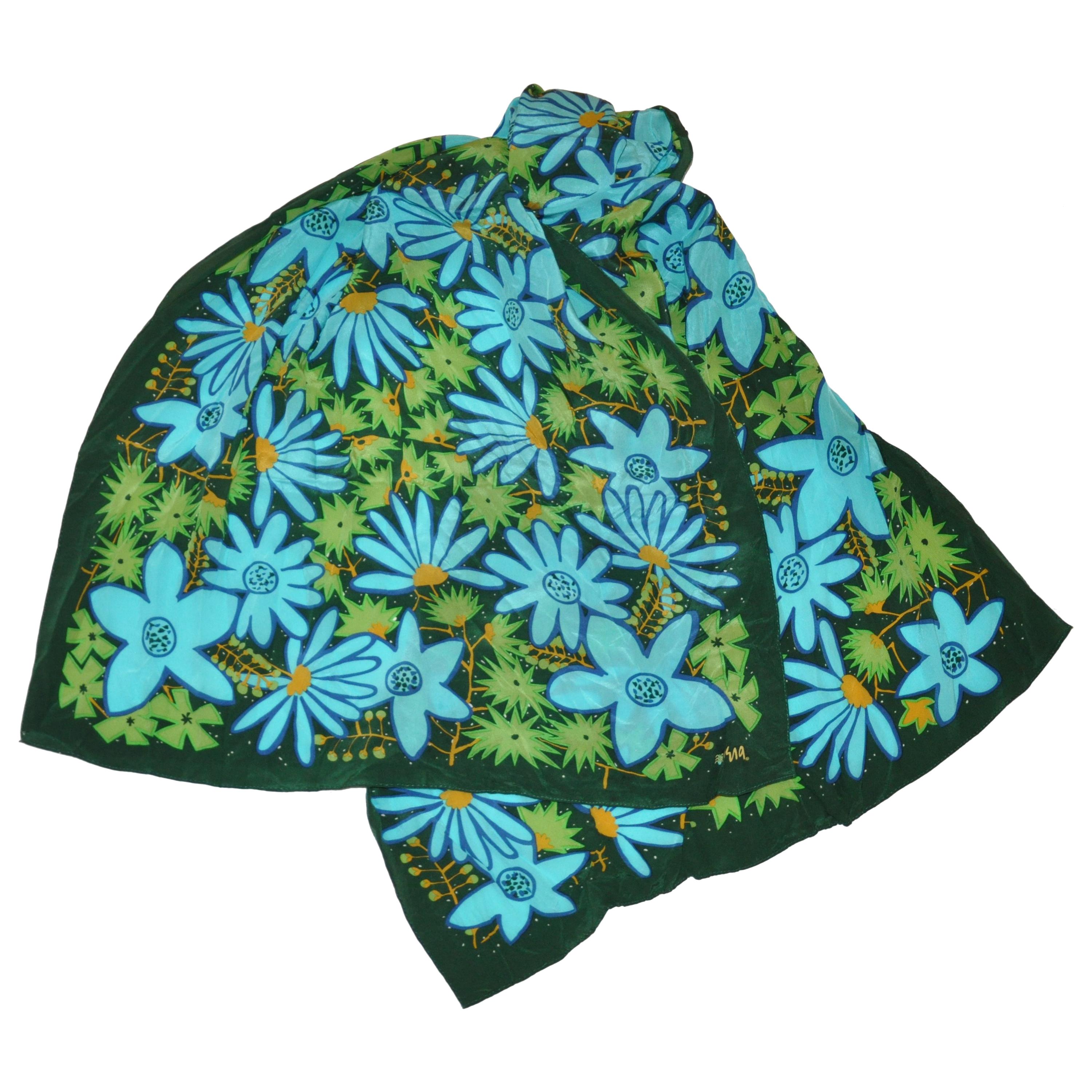 Écharpe en soie Vera Forest verte avec motifs floraux multicolores turquoises et verts en vente