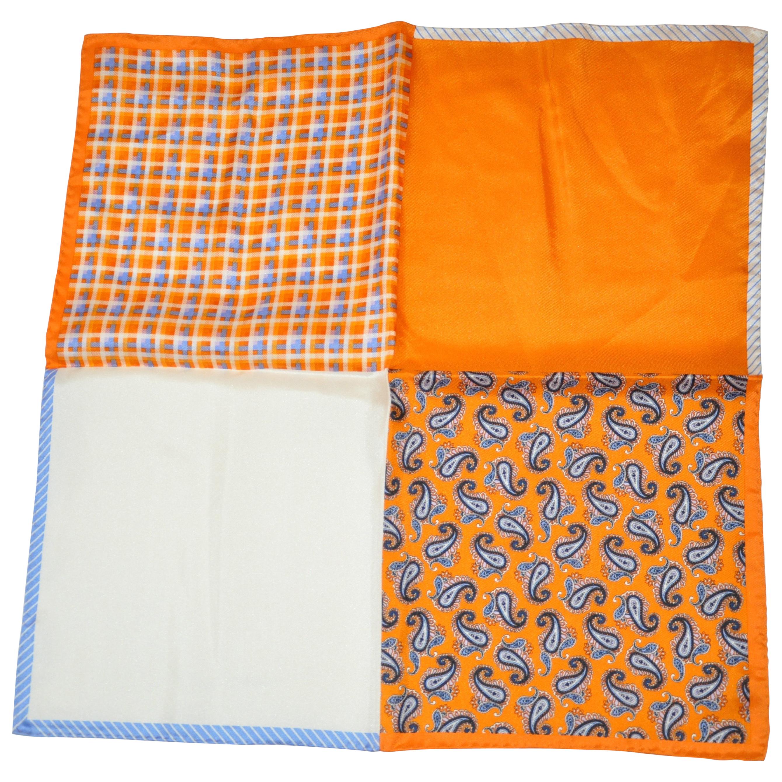 Shades of Tangerine Palsey, plaid, Stripes & Solid silk handkerchief For Sale