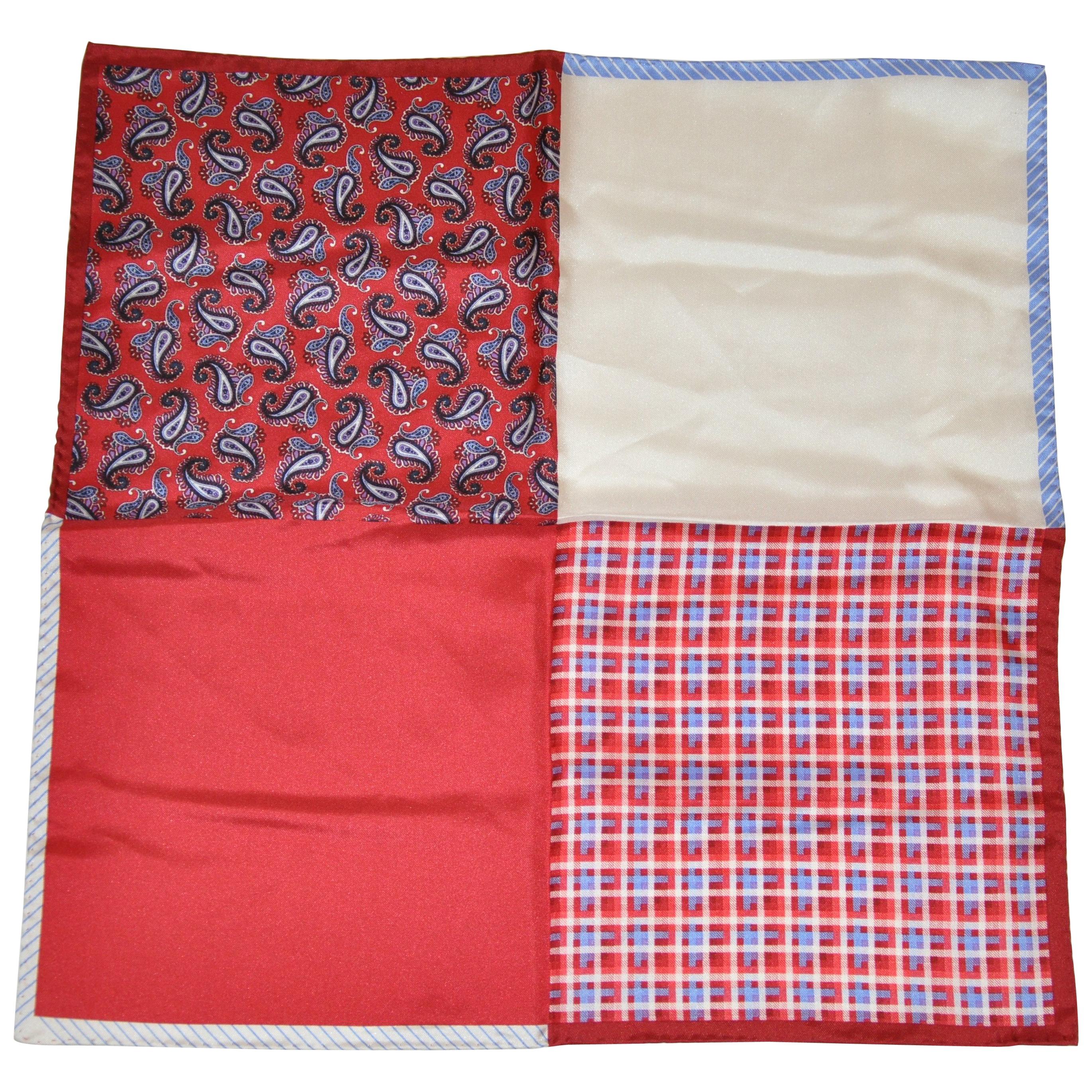 Multi-Color Palsey, Plaid & Solid Silk Handkerchief For Sale
