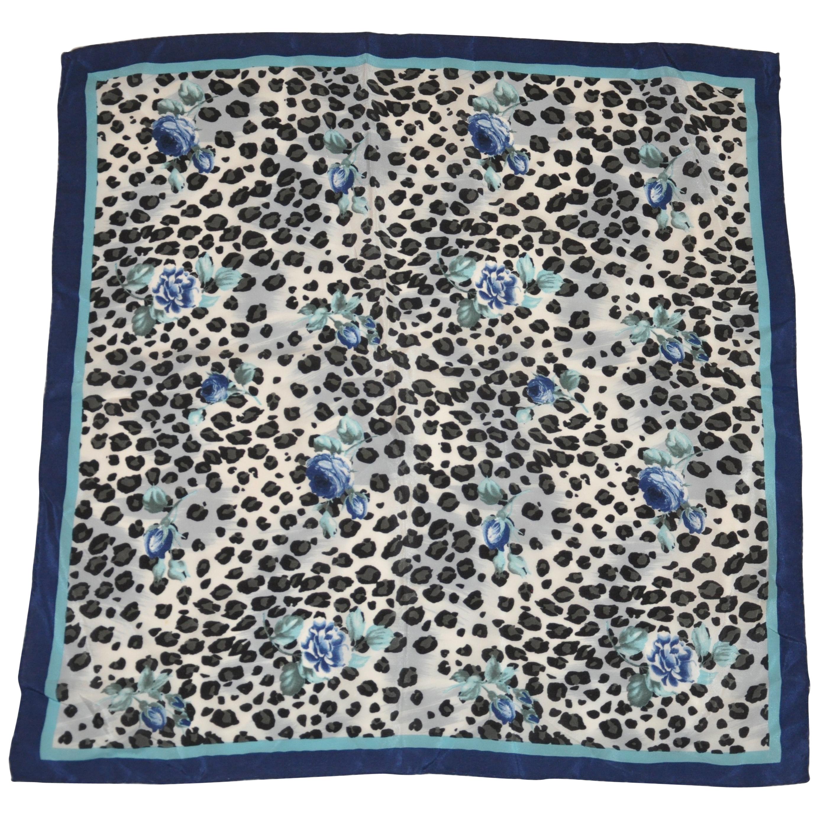 Shades of Navy & Blues with Black Leopard & Floral Silk handkerchief