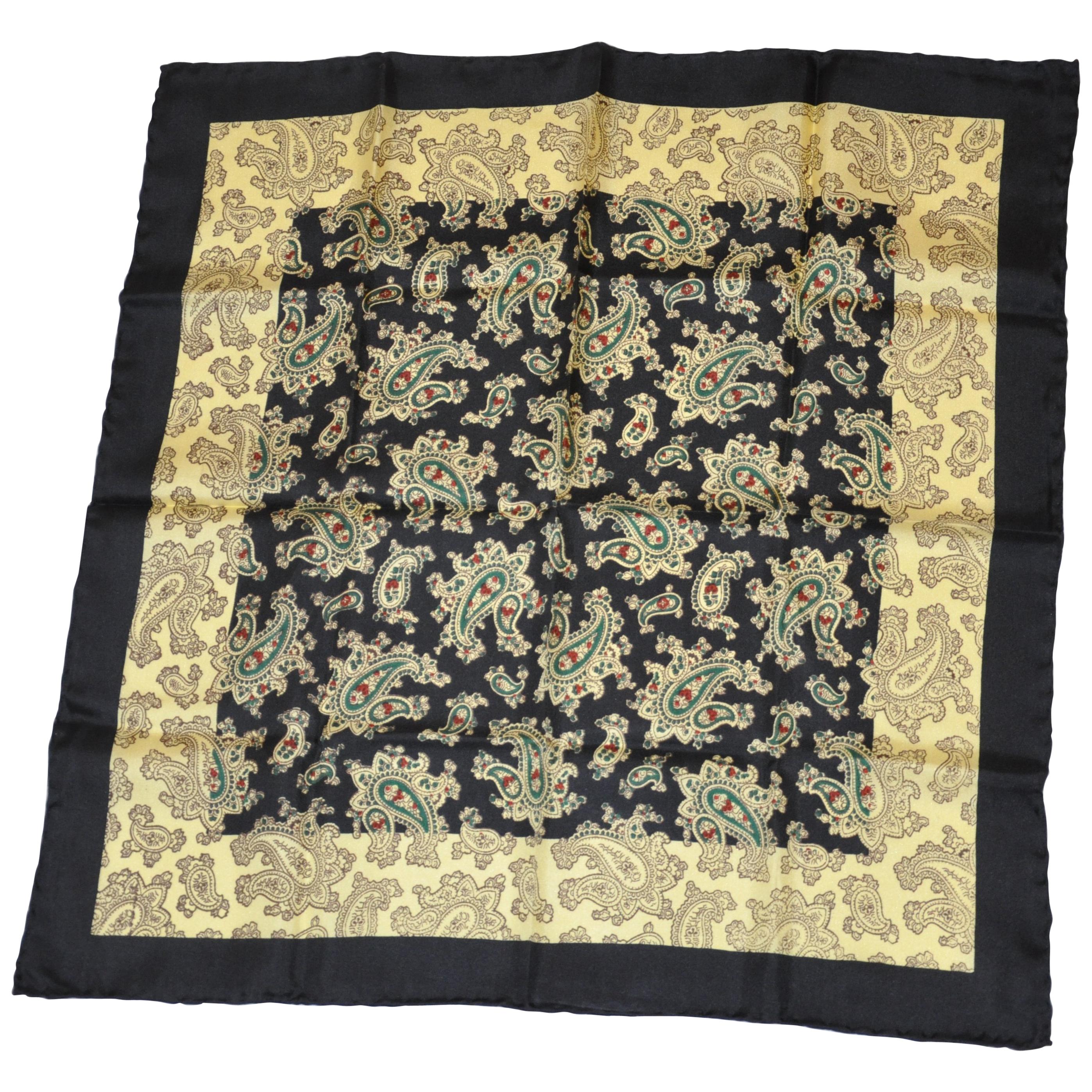 Multi Palsey Accented with Coco Brown Border Silk Jacquard Handkerchief For Sale