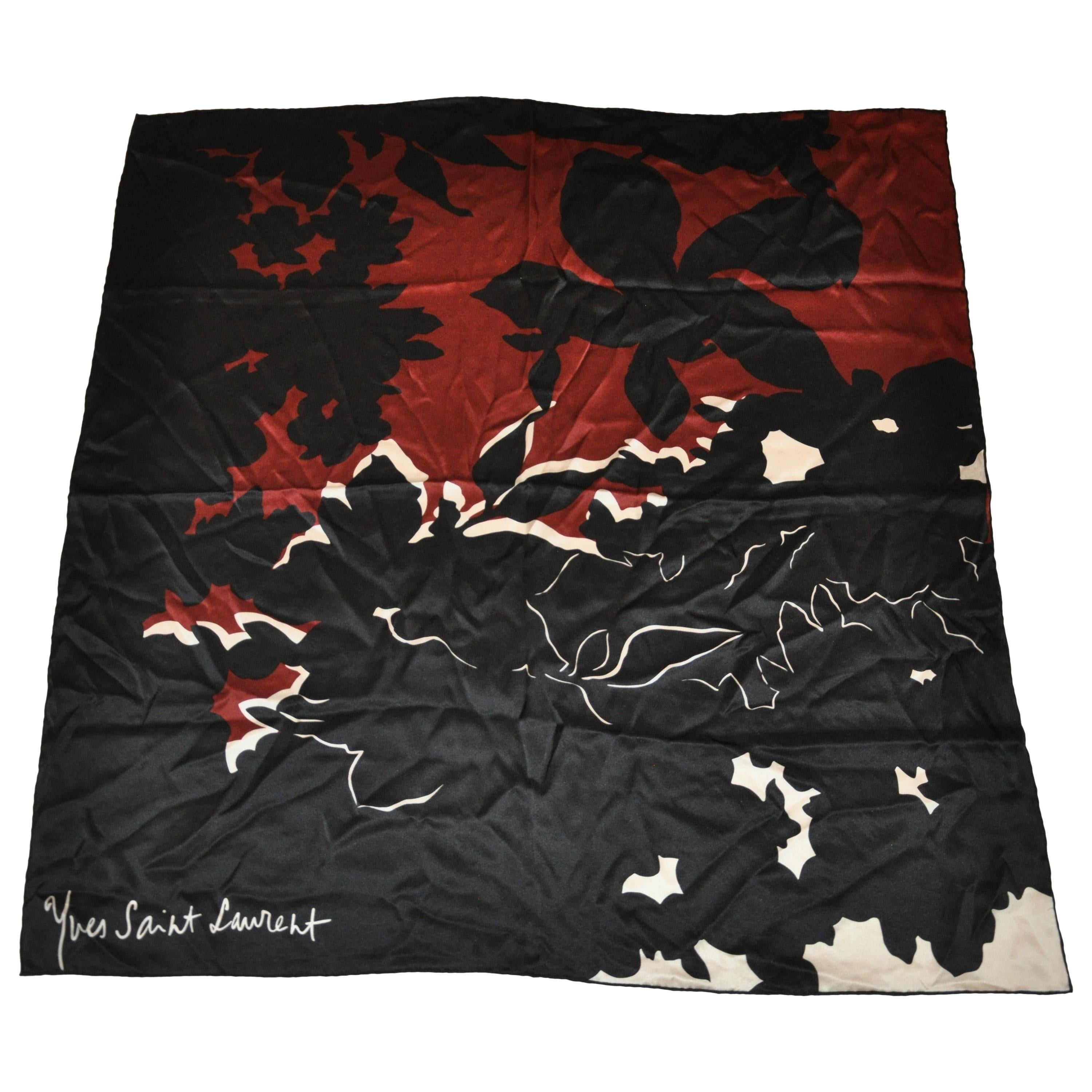 Yves Saint Laurent Whimsical Black, Ivory & Warm Brown Silk Jacquard Scarf.