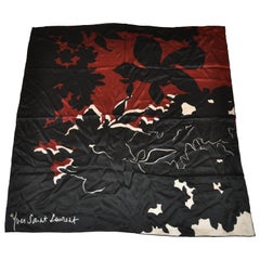 Vintage Yves Saint Laurent Whimsical Black, Ivory & Warm Brown Silk Jacquard Scarf.