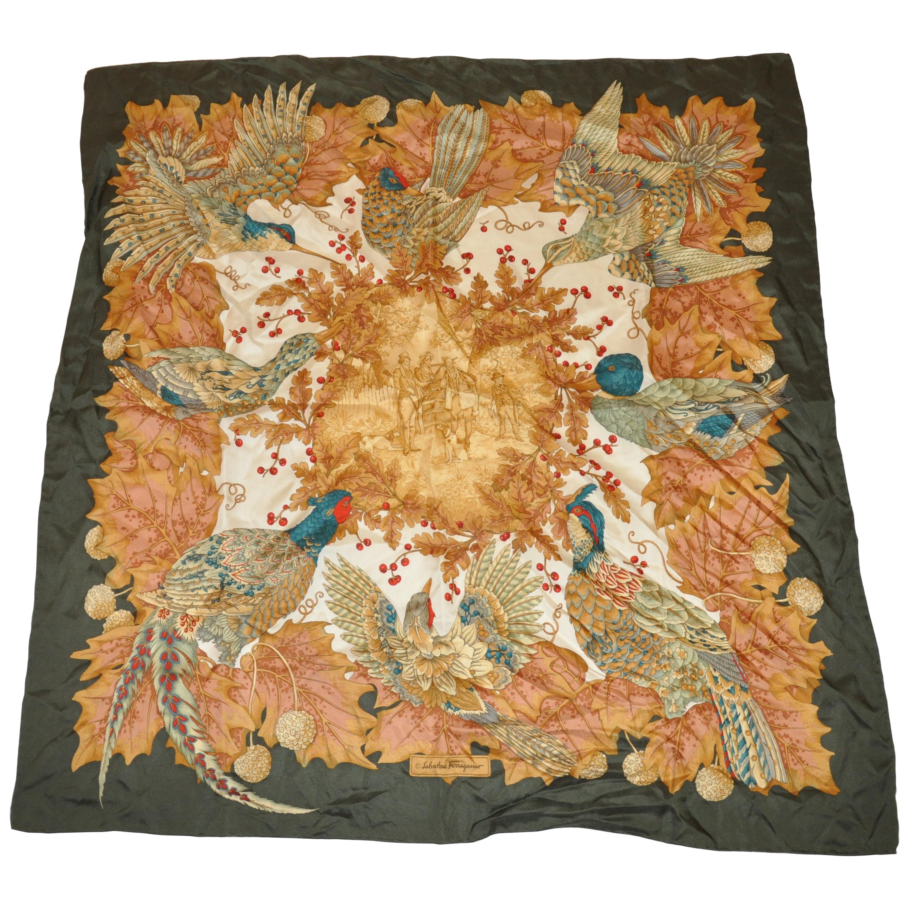Ferragamo "Autumn Fowls" with Olive Border Silk Jacquard Scarf