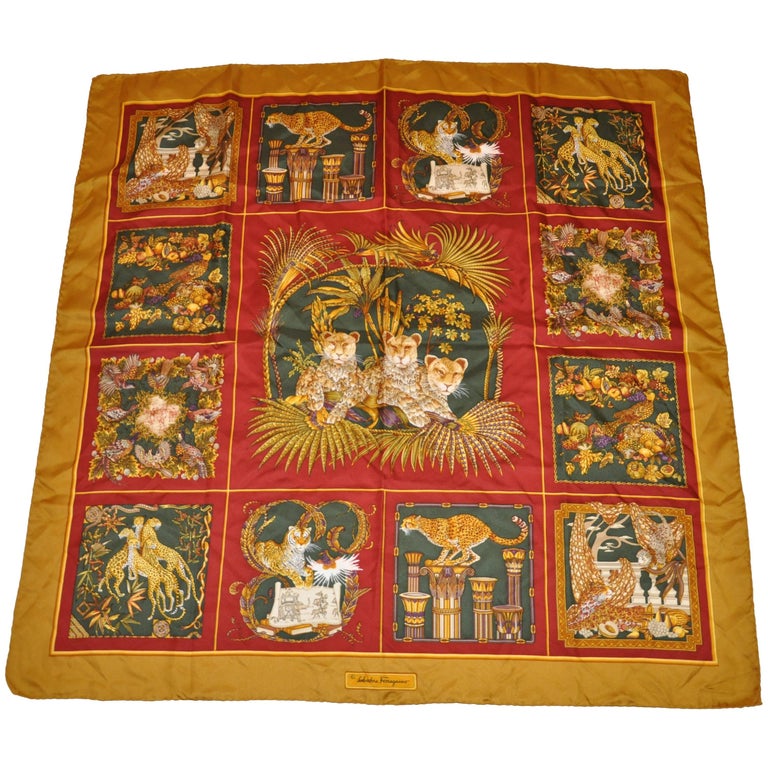 Ferragamo Golden Border "Winter Travels" Silk Jacquard Scarf For Sale
