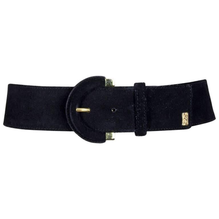Yves Saint Laurent Black Suede Belt With Gold Tone Accents and YSL Logo, 1990s 