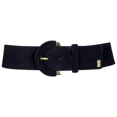 Vintage Yves Saint Laurent Black Suede Belt With Gold Tone Accents and YSL Logo, 1990s 