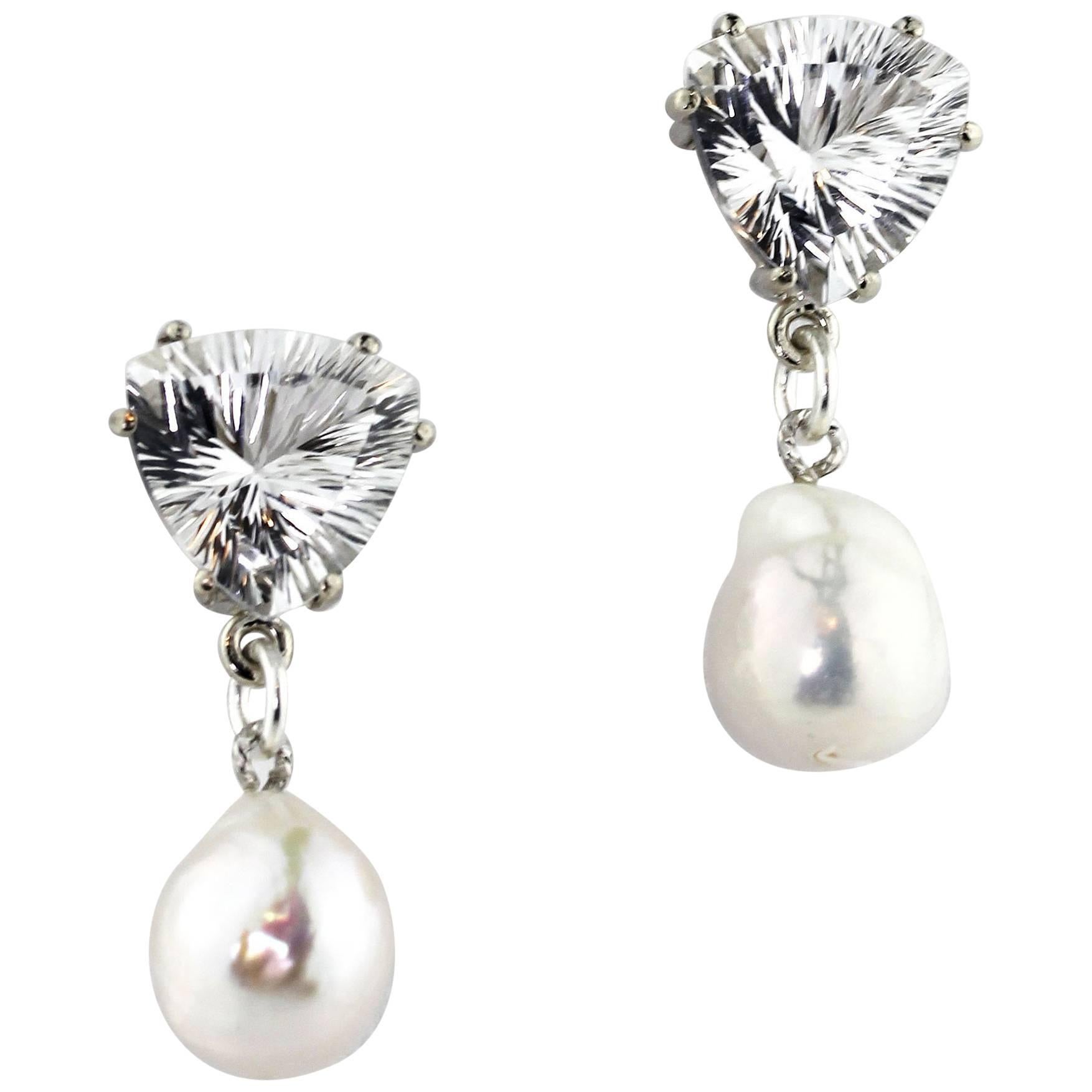 AJD Spectacular Glittering 10.86 Cts White Quartz & Pearl Silver Earrings