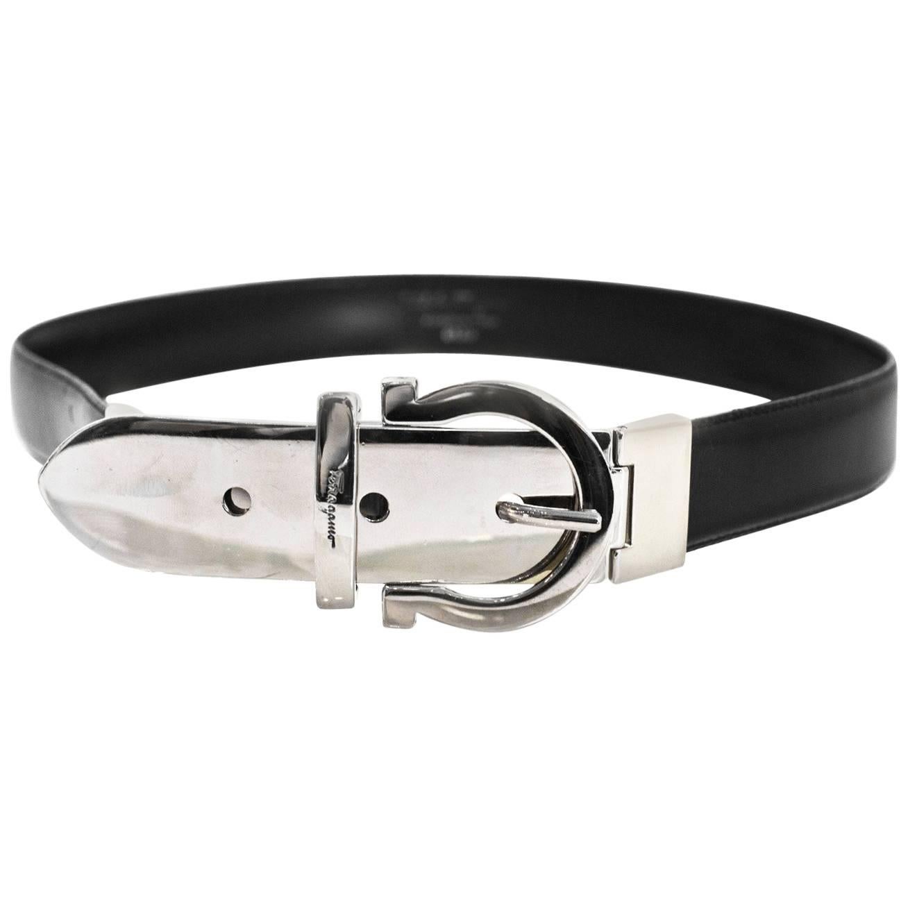 Salvatore Ferragamo Black Leather & Silver Buckle Belt 25.5"-28"