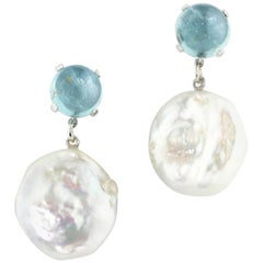 15 Carats of Blue Aquamarines and White Pearls Sterling Silver Stud Earrings