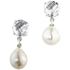 AJD Boucles d'oreilles en argent sterling avec quartz brillant pailleté et perle d'océan de culture