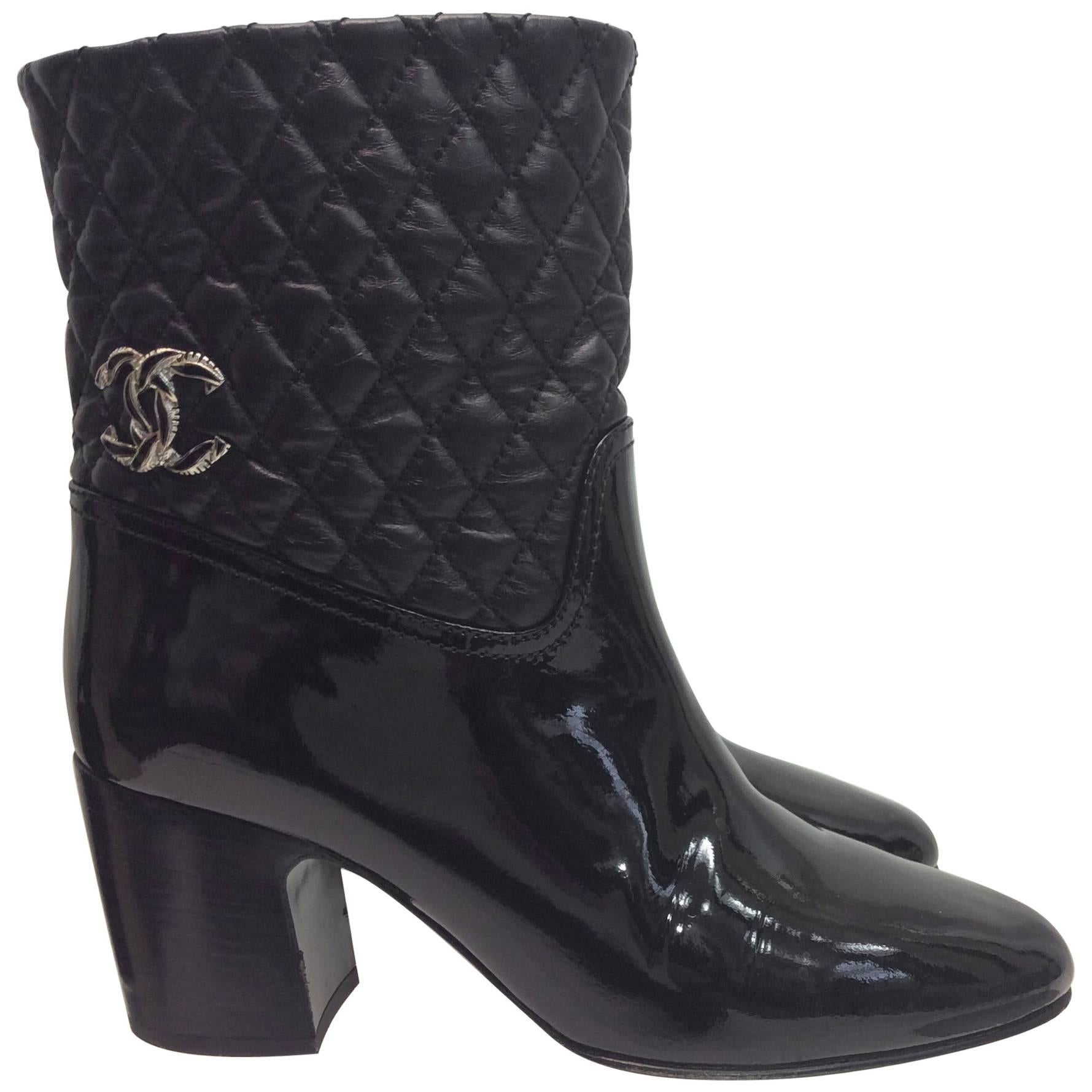 Chanel Patent Leather Quilted Ankle Boots  For Sale