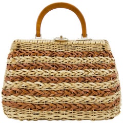 1960s Braided Tan and Brown Wicker Top Handle Bag 
