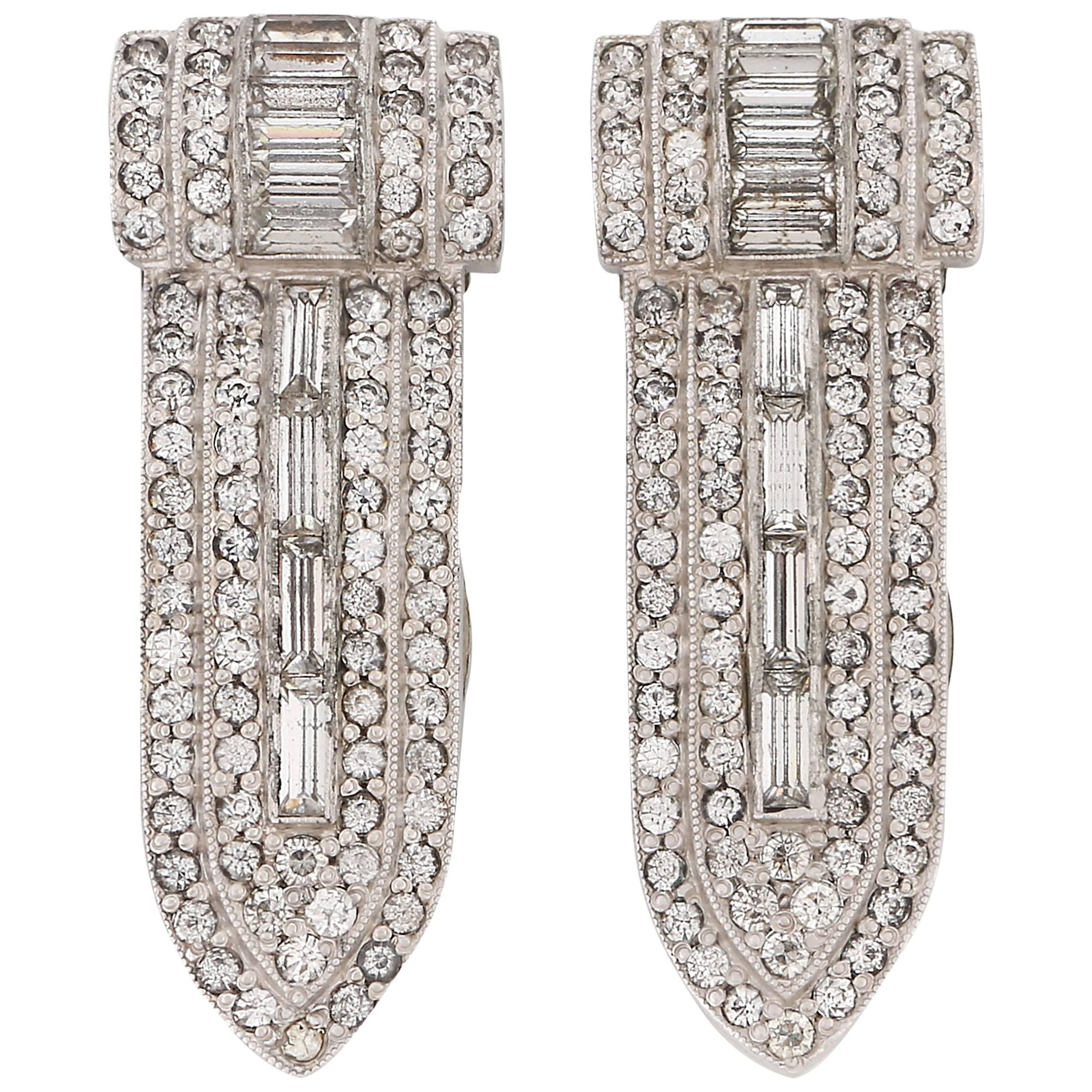 ART DECO c.1930's 2 Piece Palladium Silver Diamond Crystal Dress Fur Clip Set