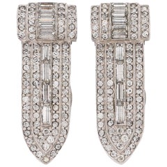 Vintage ART DECO c.1930's 2 Piece Palladium Silver Diamond Crystal Dress Fur Clip Set