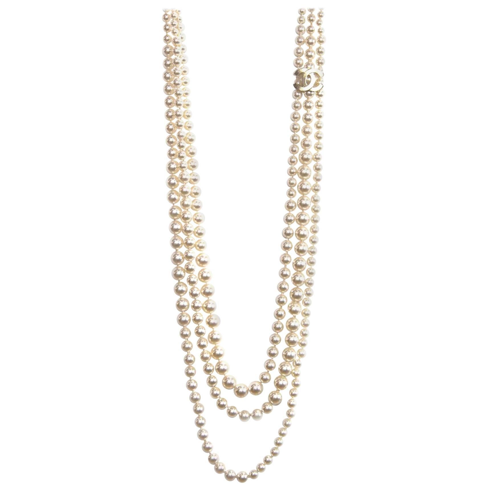 Chanel Faux Pearl Three Strand CC Necklace, 2014  