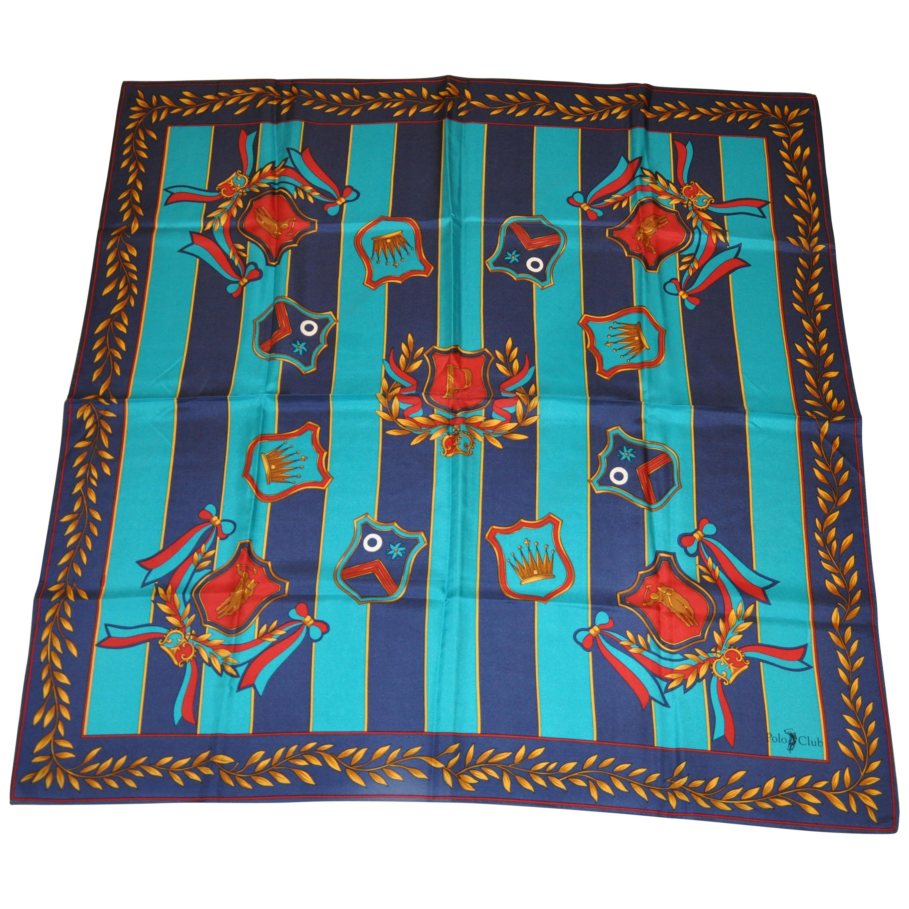 Ralph Lauren Navy Border "World of Polo & Crowns" Silk Scarf For Sale