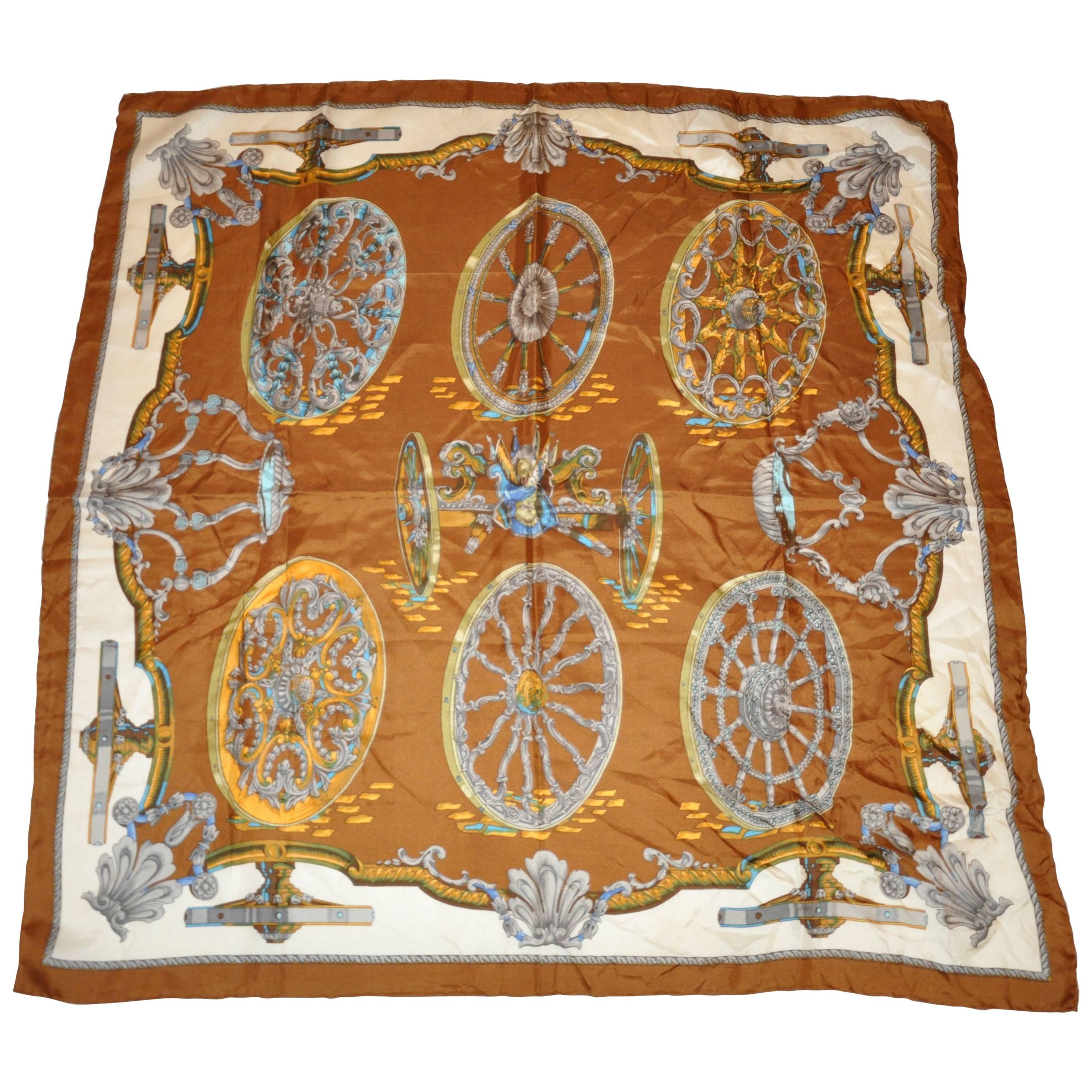 Shades of Warm Browns and Ivory "Wagon Wheels" Silk Jacquard Scarf For Sale