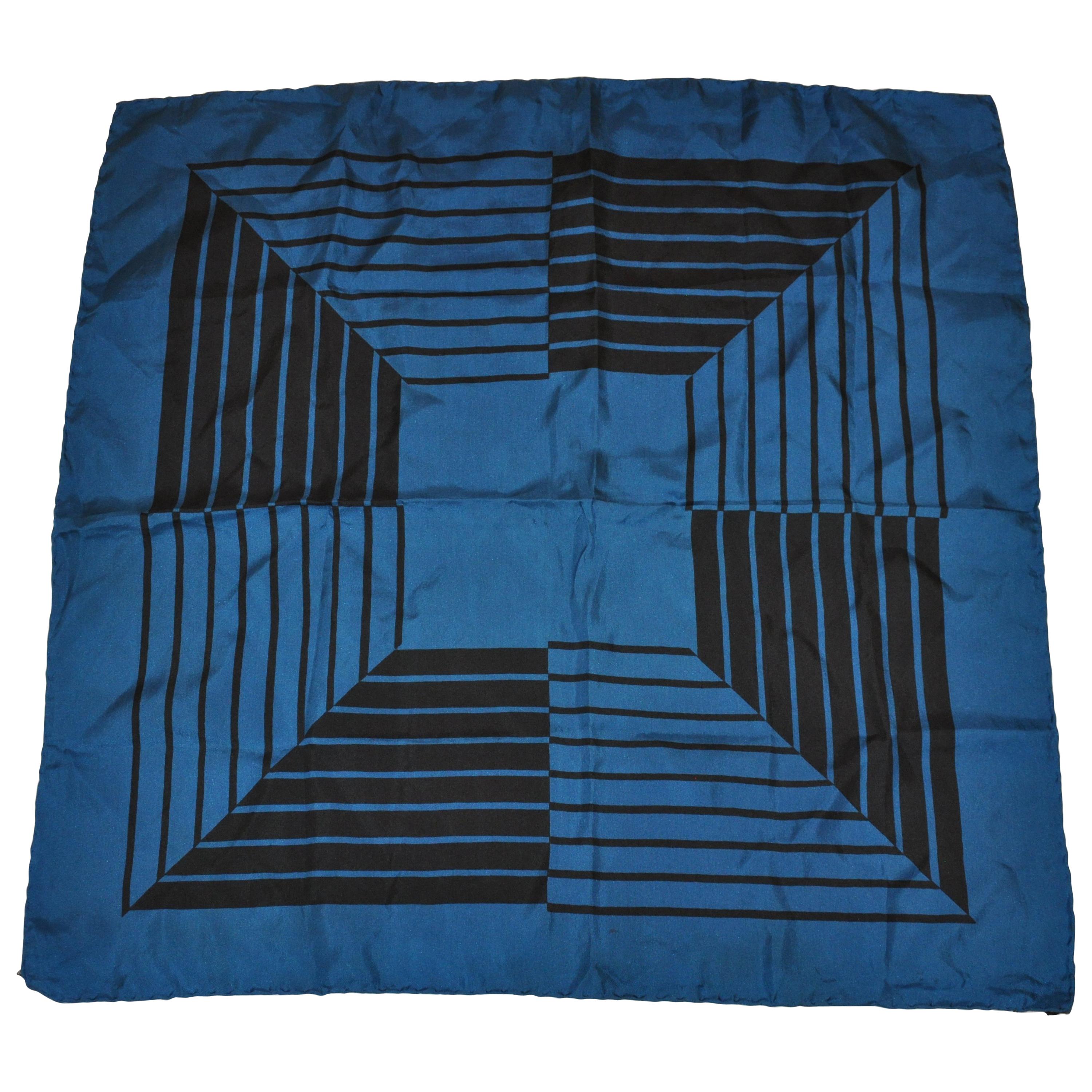 Deep Turquoise & Black Abstract Silk Scarf For Sale