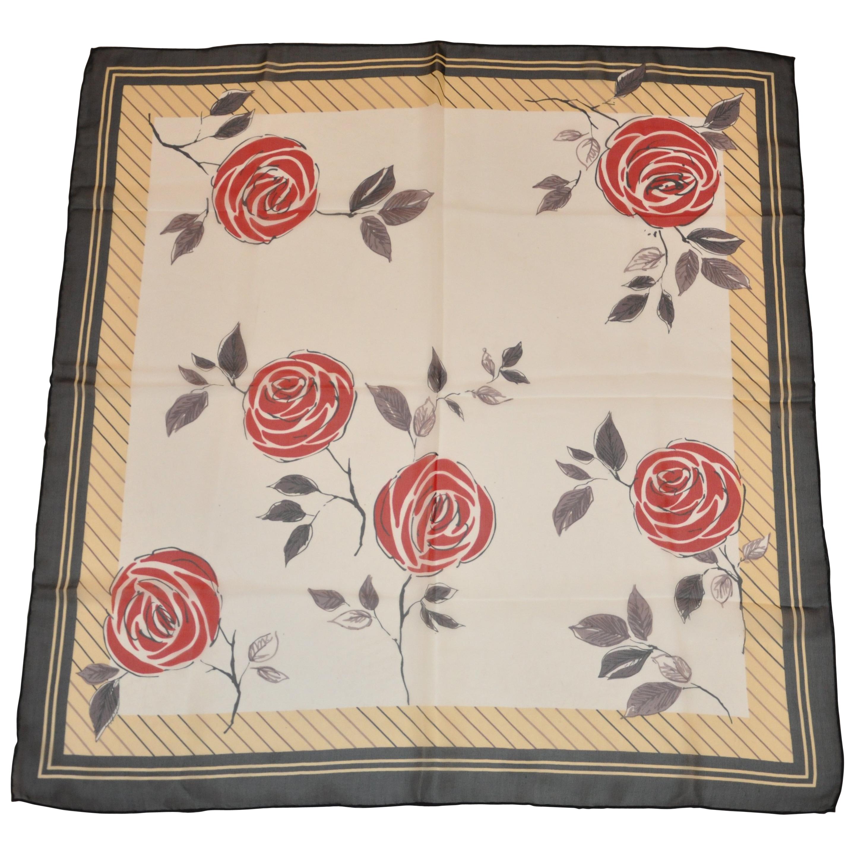 Beige & White with Black Border Silk Chiffon "Red Floral" Scarf For Sale