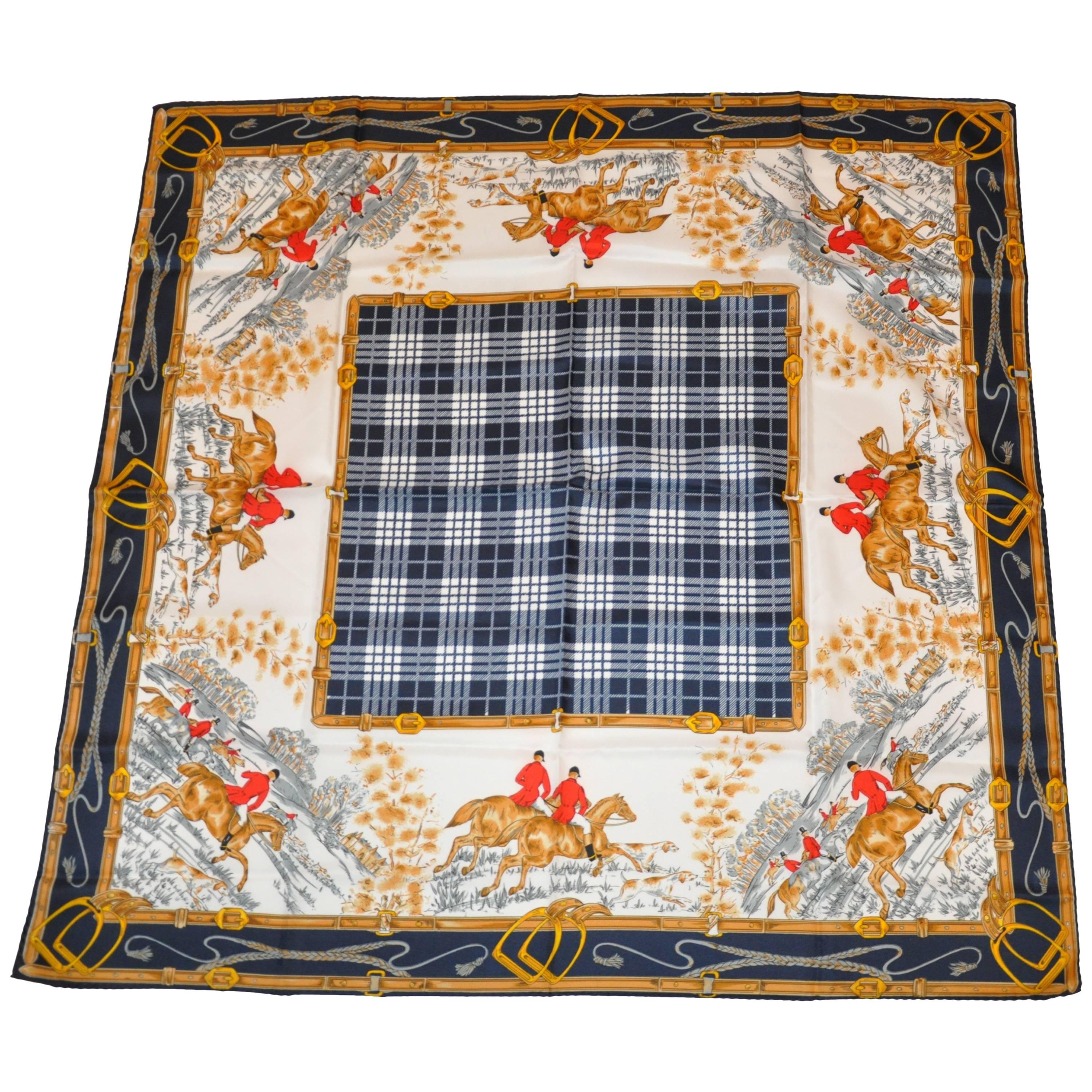 "Fox Hunting Expedition" Navy & White Plaid Center Hand-Rolled Silk Scarf For Sale