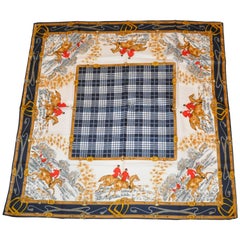 "Fox Hunting Expedition" Navy & White Plaid Center Hand-Rolled Silk Scarf