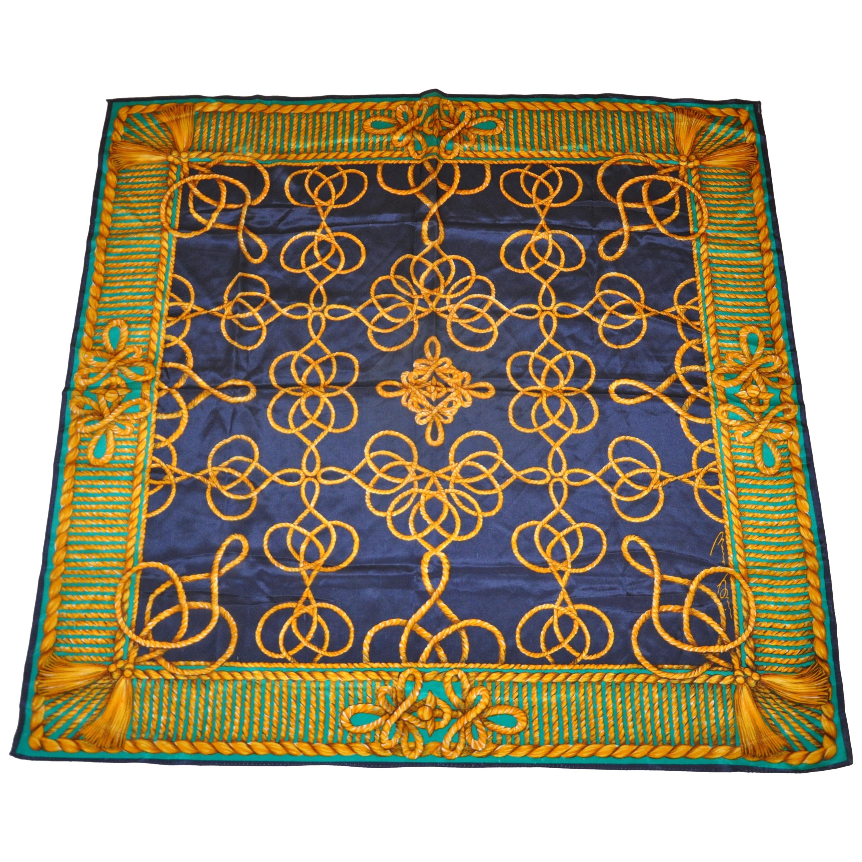 Anne Klein "Decorative Golden Cord & Tassel" with Navy & Green Silk Scarf For Sale