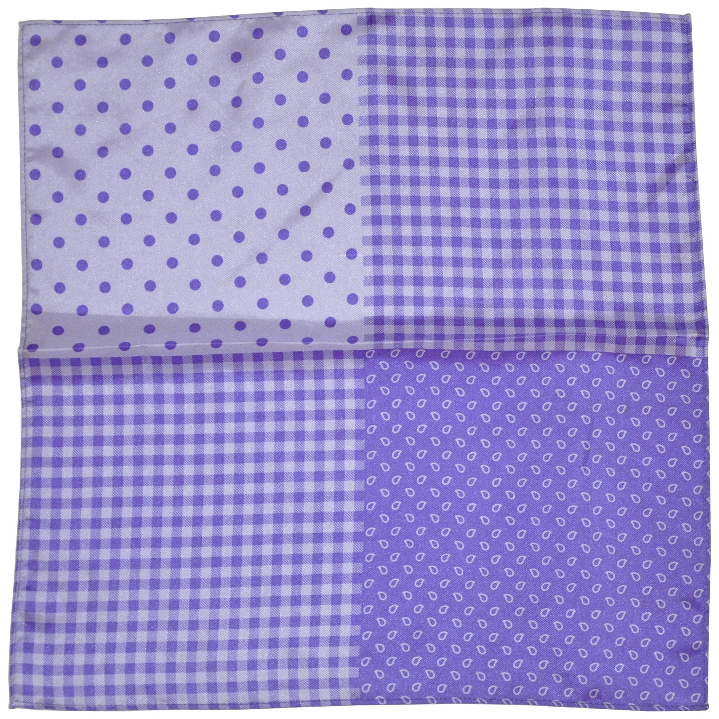 Shades of Lavender and Violet Silk Multi-Patterned Handkerchief For Sale