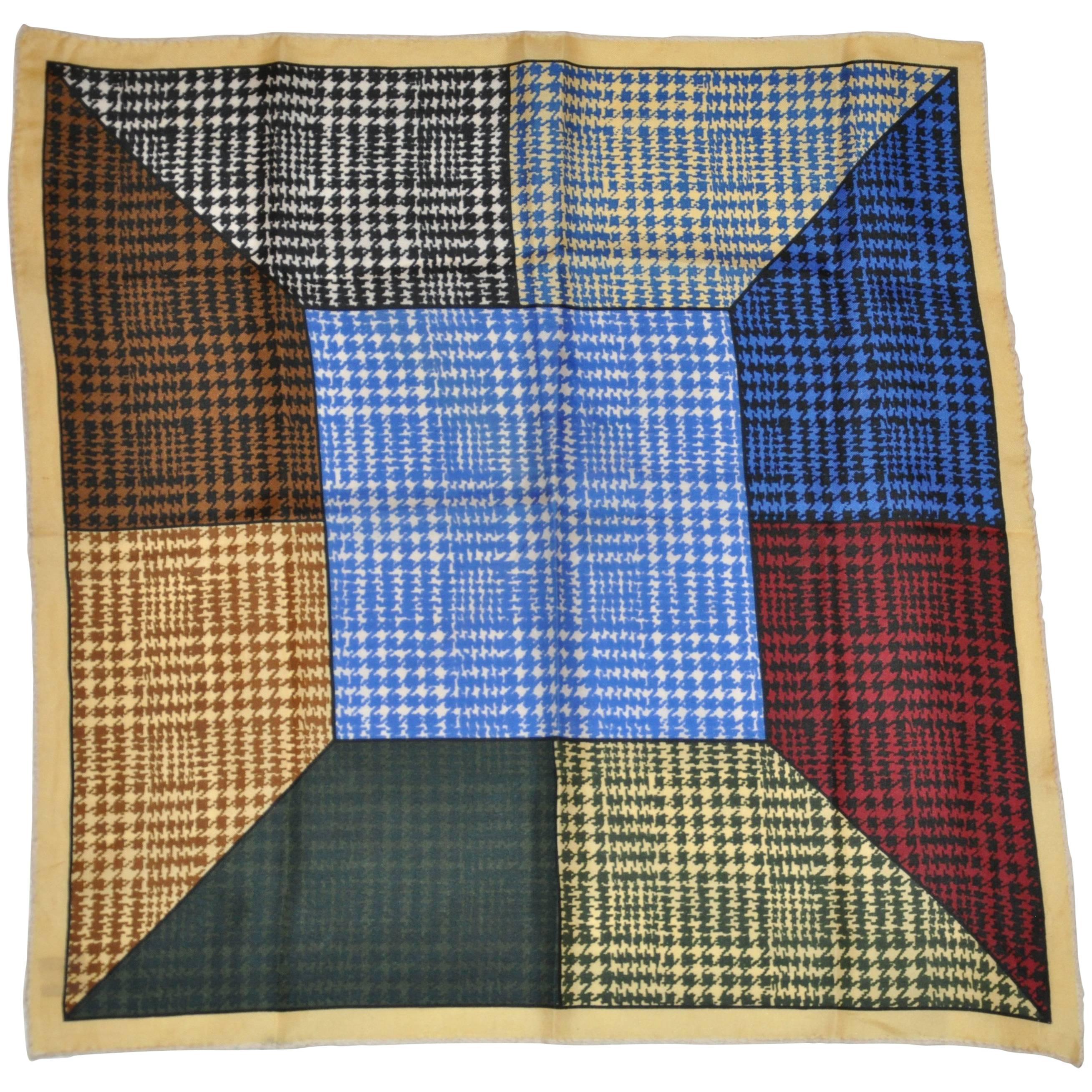 Multi-Color "Houndstooth" with beige border Hand-Rolled Silk Handkerchief