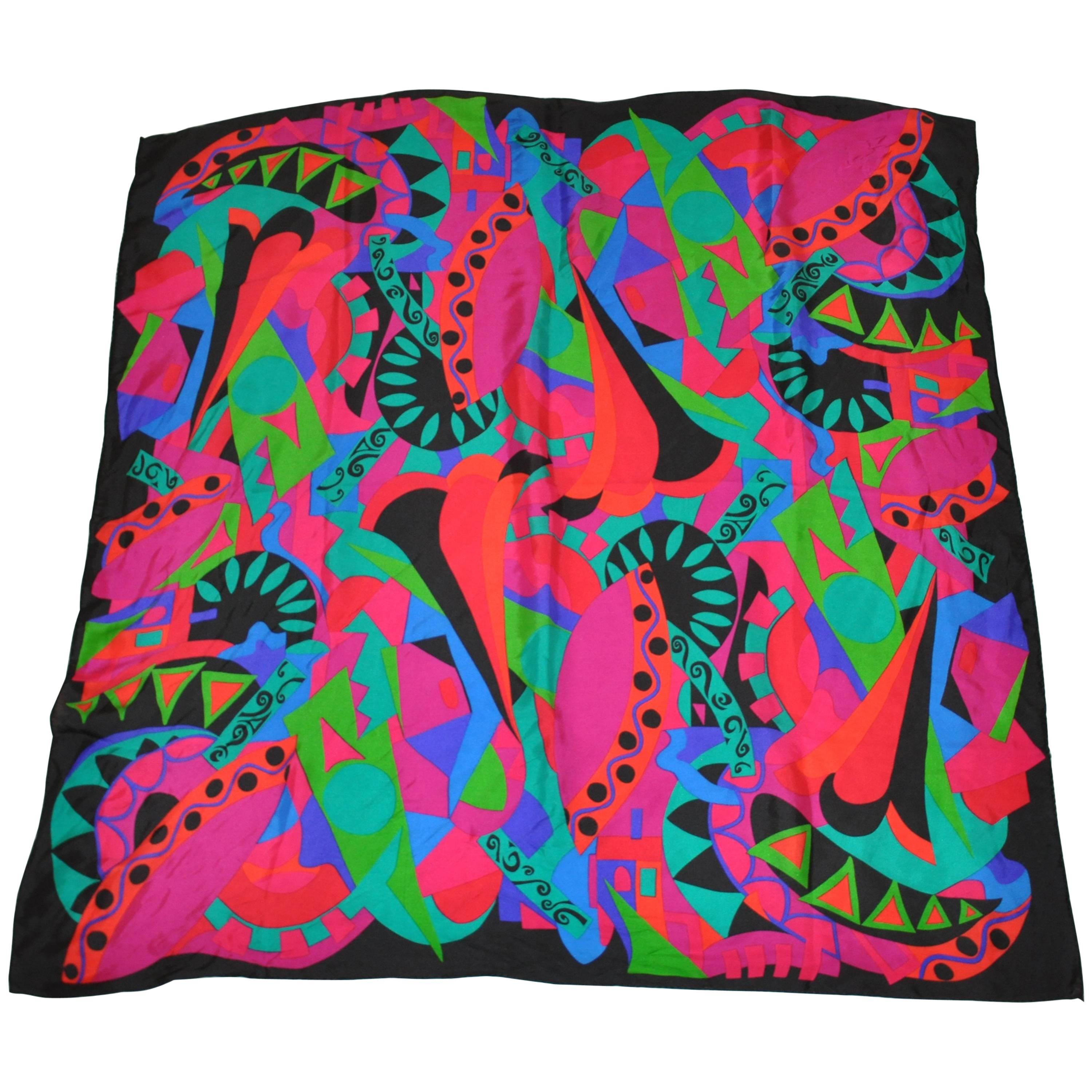 Black with Bold Multi-Color Abstract and Circular Silk Scarf