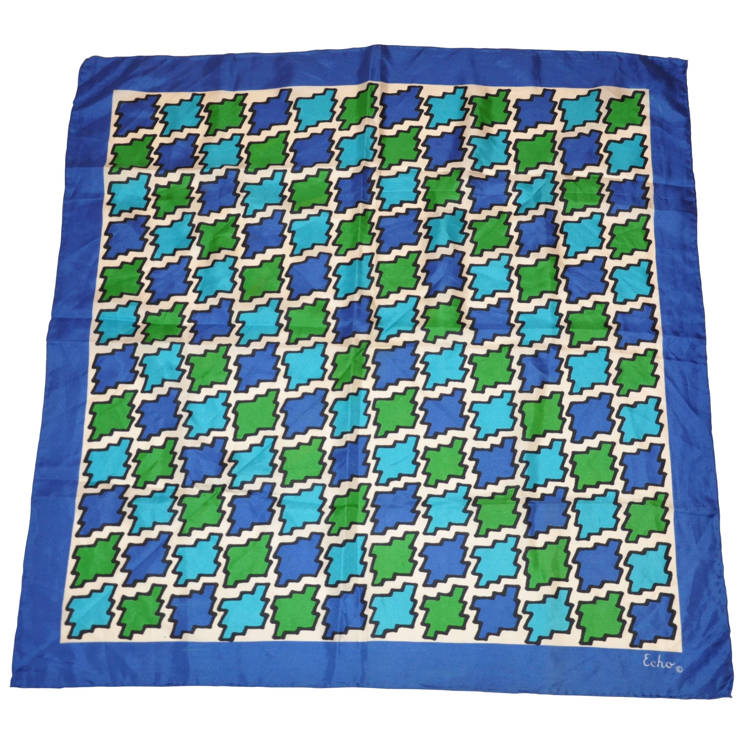 Echo for Peck & Peck Silk Scarf with Blue Border and Blue and Green Center 